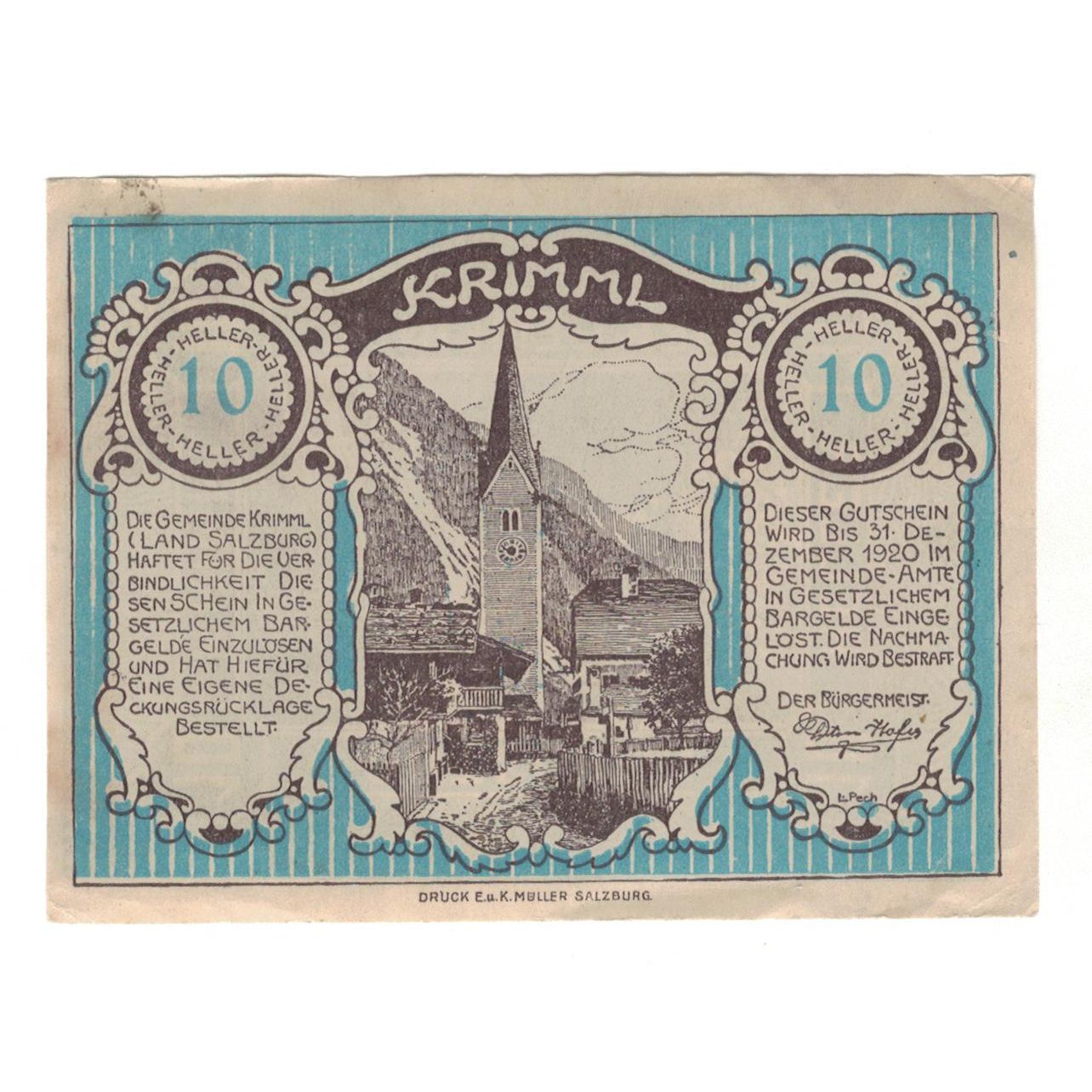 Geldschein, Österreich, Krimml Sbg. Gemeinde, 10 Heller, paysage, 1920