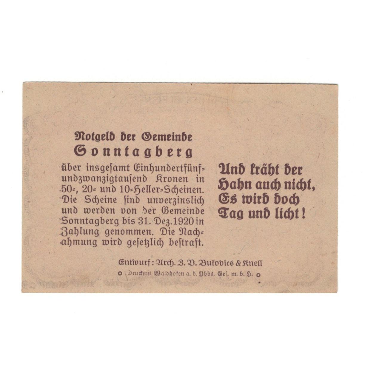 Geldschein, Österreich, Sonntagberg N.Ö. Gemeinde, 20 Heller, Texte, 1920