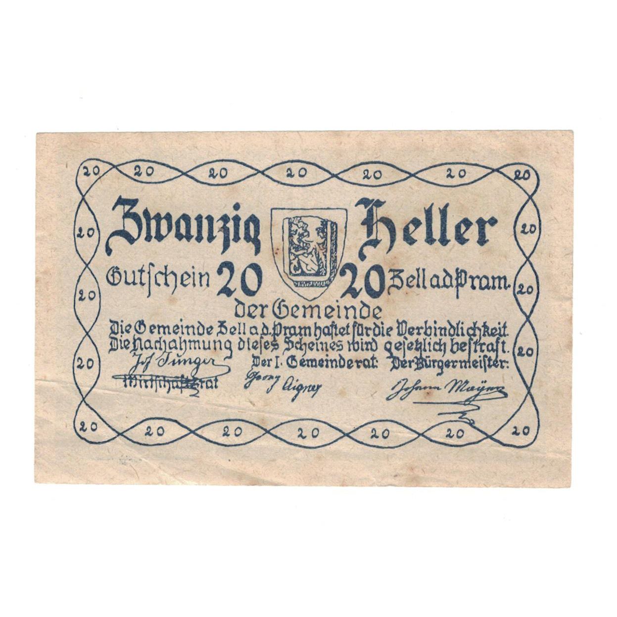 Geldschein, Österreich, Zell an der Pram O.Ö. Gemeinde, 20 Heller, village