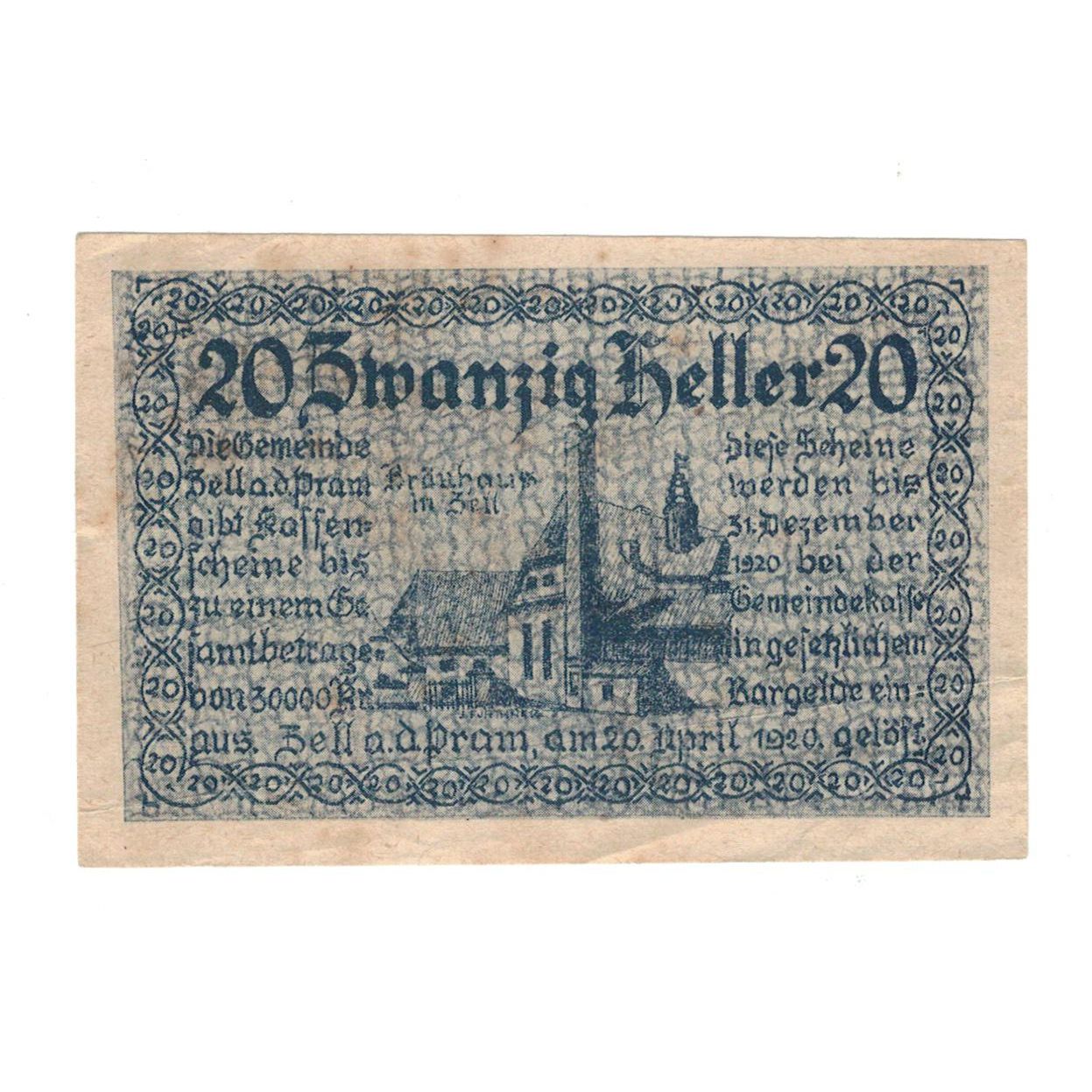 Geldschein, Österreich, Zell an der Pram O.Ö. Gemeinde, 20 Heller, village