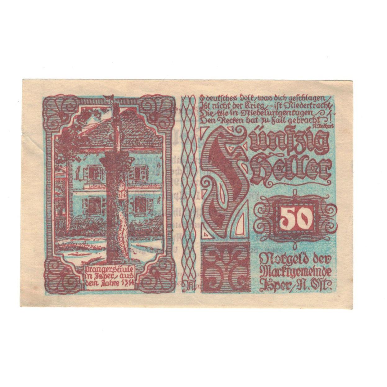 Geldschein, Österreich, Ysper N.Ö. Marktgemeinde, 50 Heller, Texte, 1920