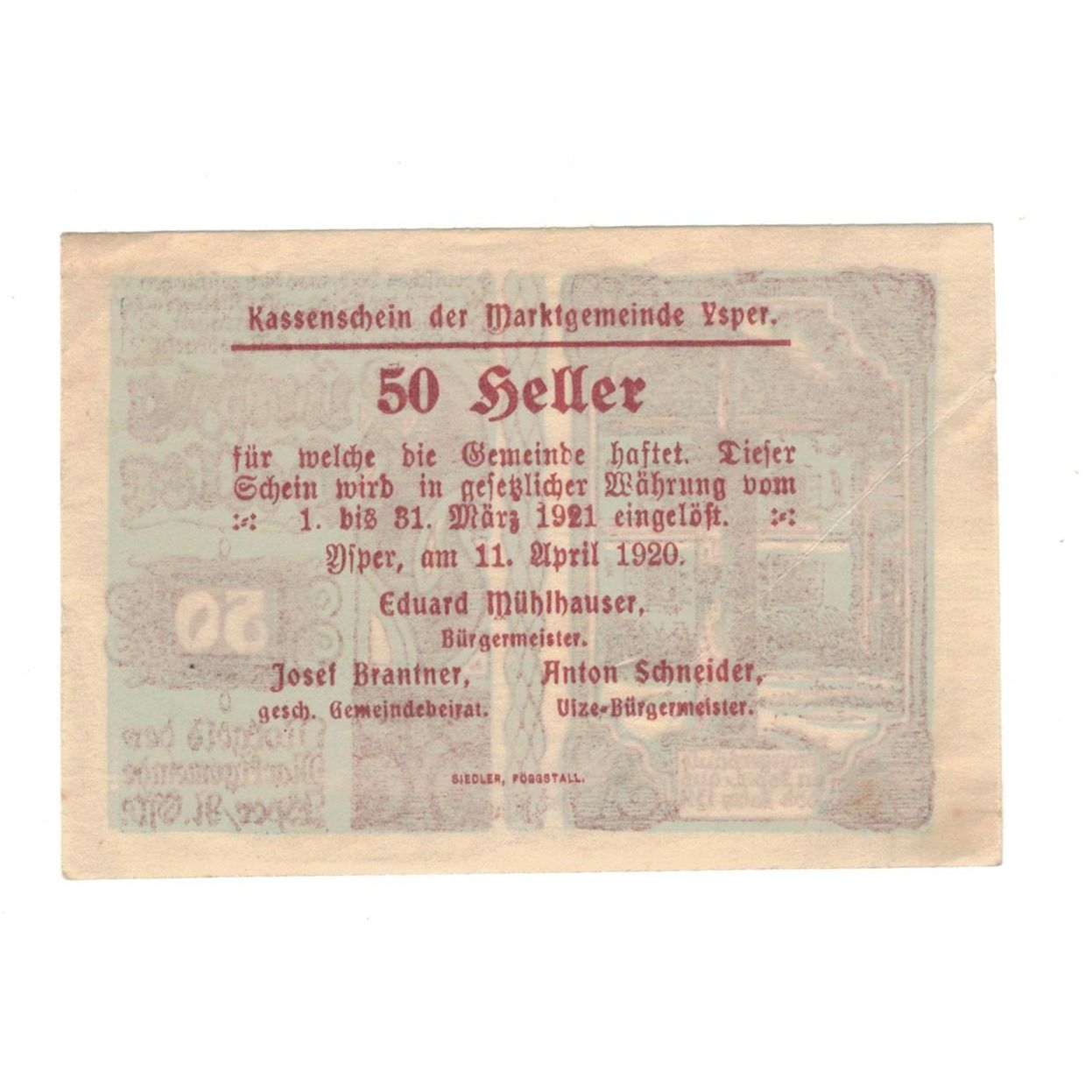 Geldschein, Österreich, Ysper N.Ö. Marktgemeinde, 50 Heller, Texte, 1920
