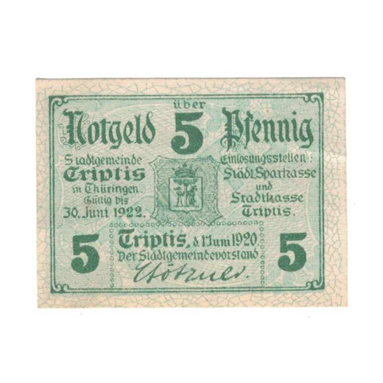 Geldschein, Deutschland, Triptis Stadt, 5 Pfennig, village, 1920, 1922-06-30