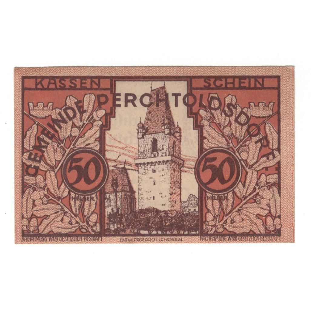 Geldschein, Österreich, Perchtoldsdorf N.Ö. Gemeinde, 50 Heller, Texte, 1920