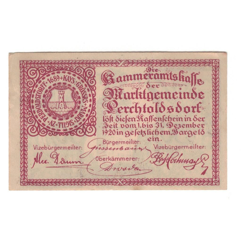 Geldschein, Österreich, Perchtoldsdorf N.Ö. Gemeinde, 50 Heller, Texte, 1920