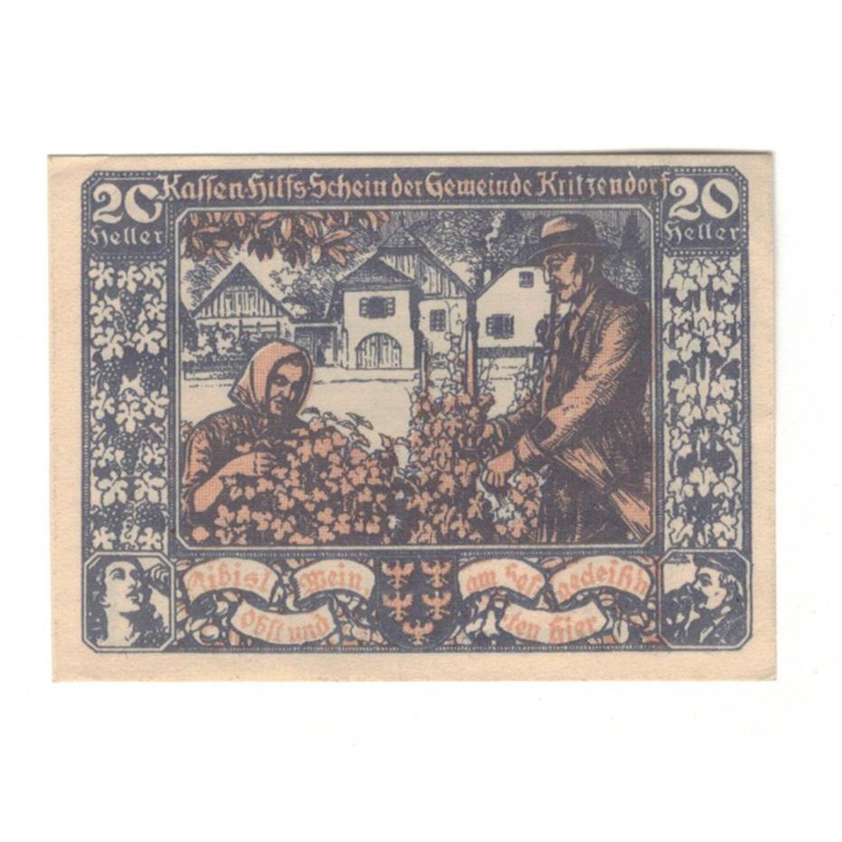 Geldschein, Österreich, Kritzendorf N.Ö. Gemeinde, 20 Heller, Texte, 1920