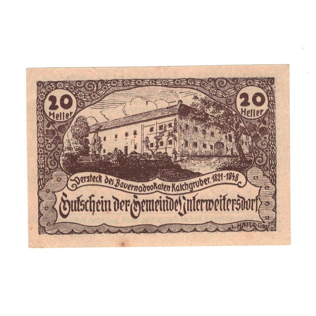 Geldschein, Österreich, Unterweitersdorf O.Ö. Gemeinde, 20 Heller, Texte