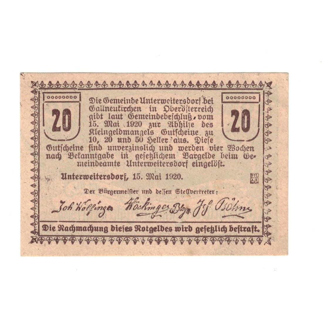 Geldschein, Österreich, Unterweitersdorf O.Ö. Gemeinde, 20 Heller, Texte