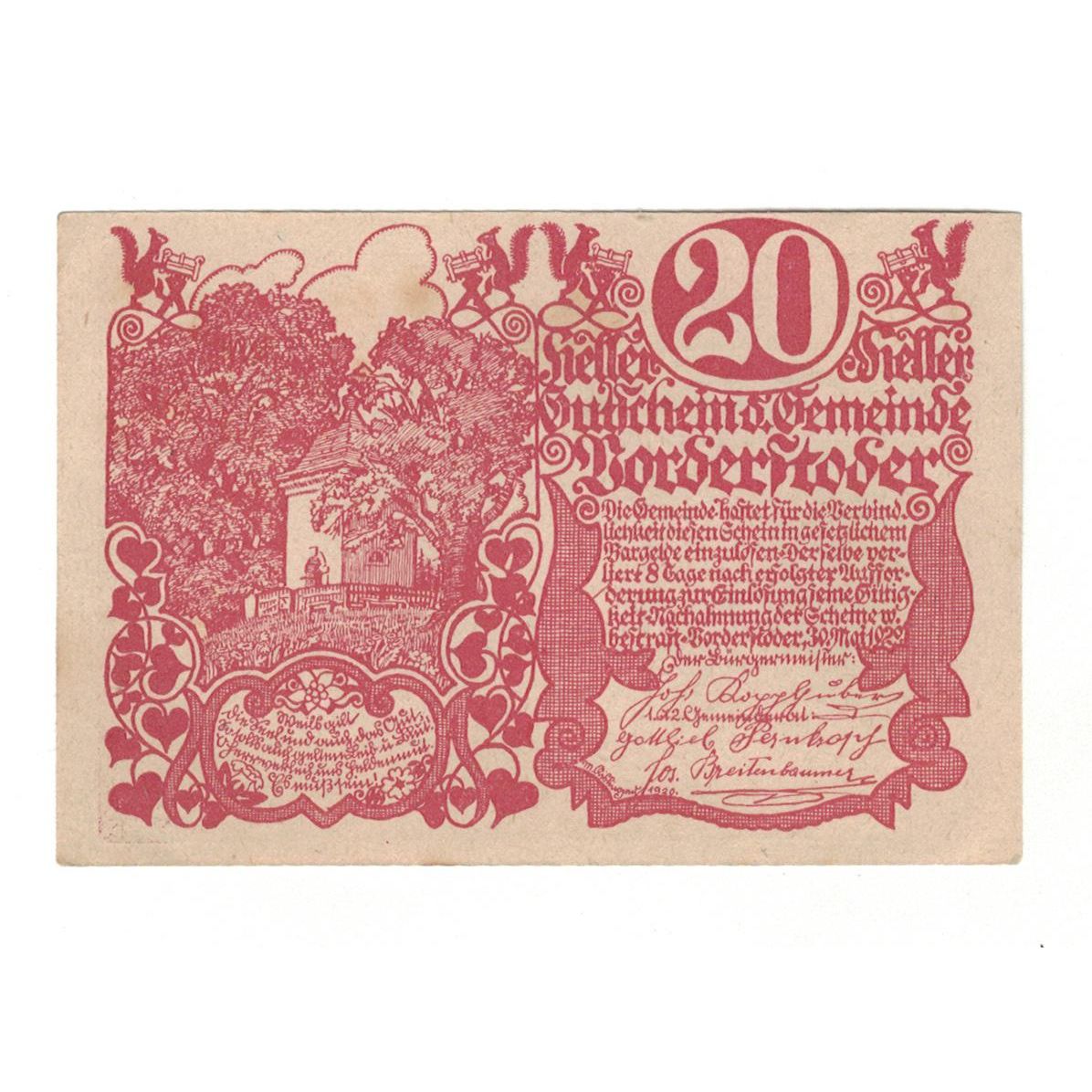 Geldschein, Österreich, Vorderstoder O.Ö. Gemeinde, 20 Heller, Texte, 1920