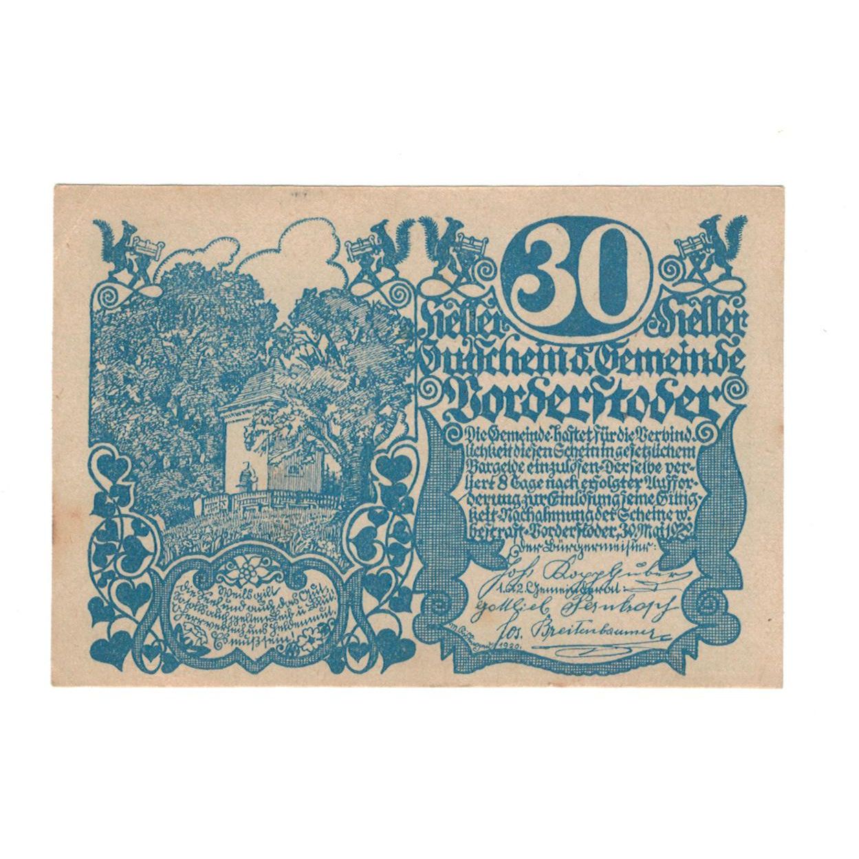 Geldschein, Österreich, Vorderstoder O.Ö. Gemeinde, 30 Heller, Texte, 1920