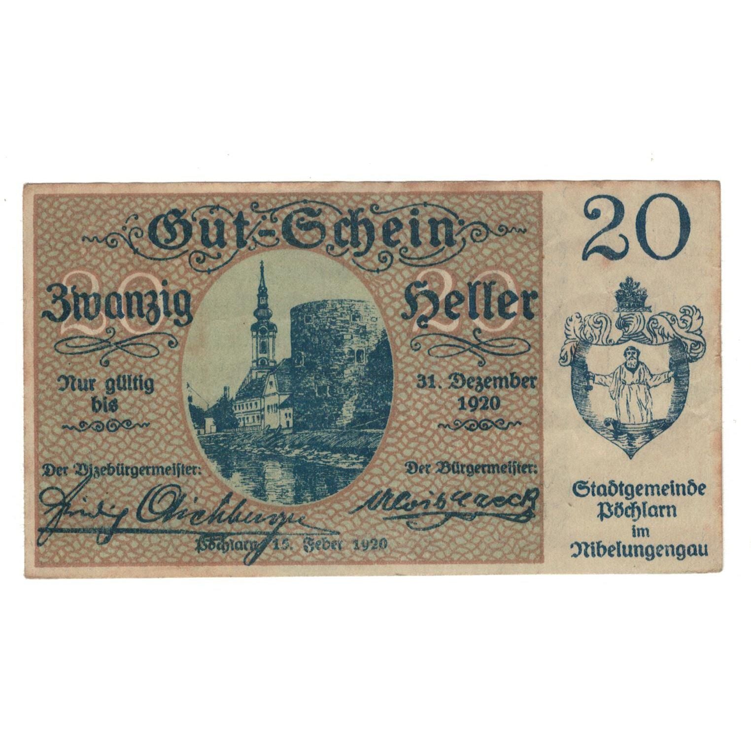 Geldschein, Österreich, Pöchlarn N.Ö. Stadtgemeinde, 20 Heller, N.D, 1920