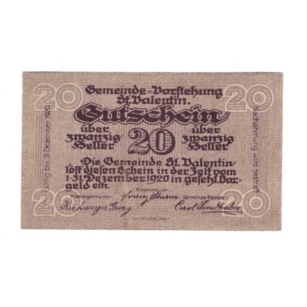 Geldschein, Österreich, St. Valentin N.Ö. Gemeinde, 20 Heller, Monument, 1920