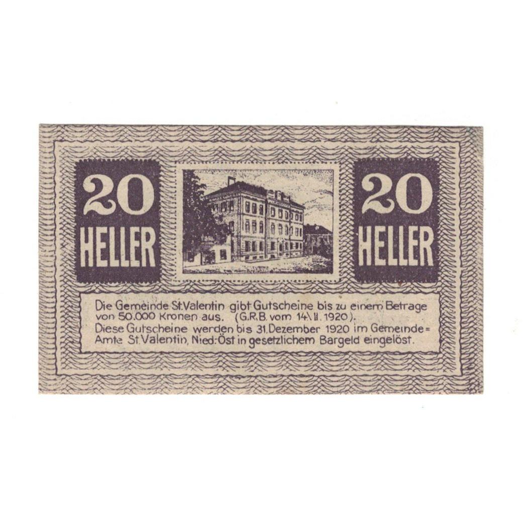 Geldschein, Österreich, St. Valentin N.Ö. Gemeinde, 20 Heller, Monument, 1920