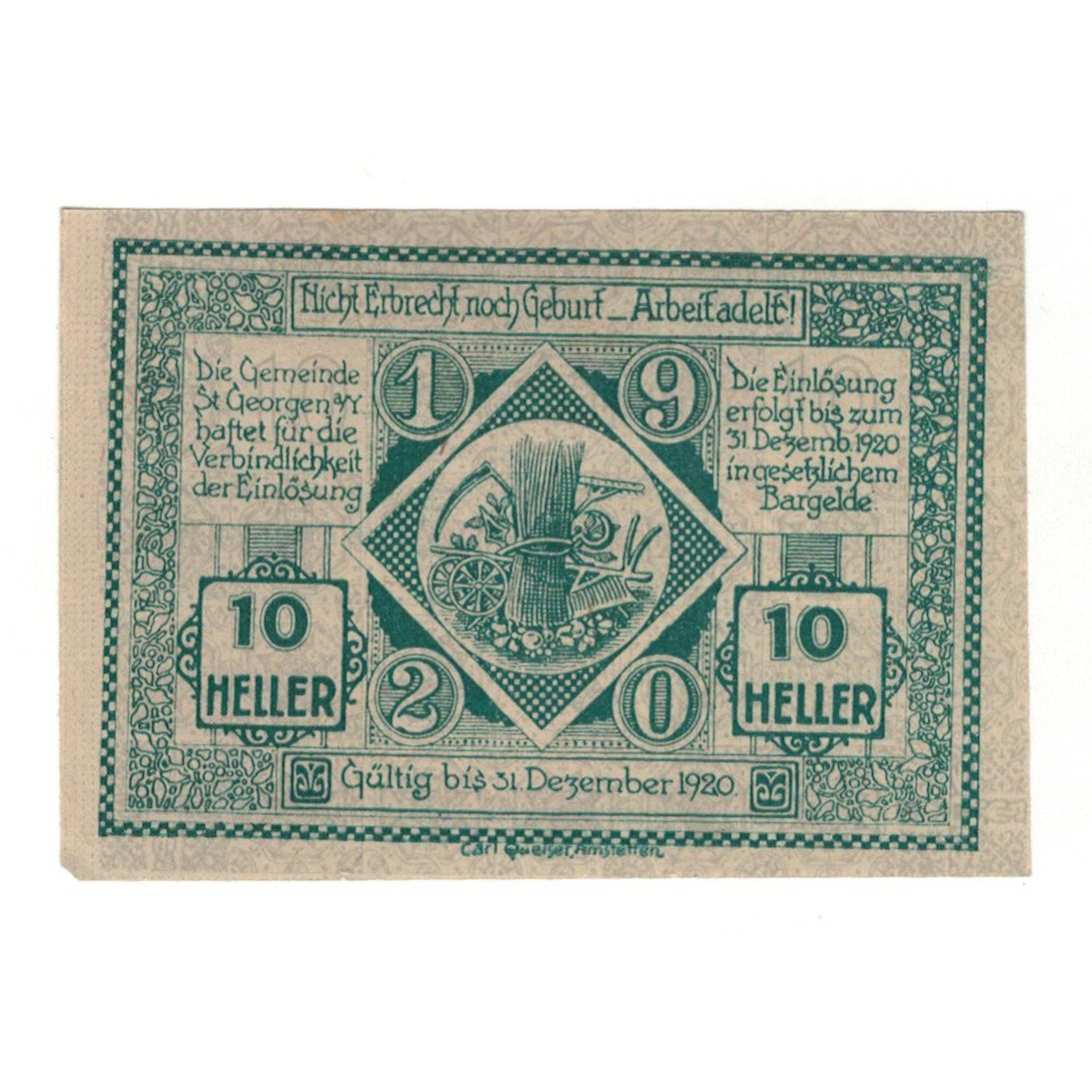 Geldschein, Österreich, St. Georgen am Ybbsfeld N.Ö. Gemeinde, 10 Heller
