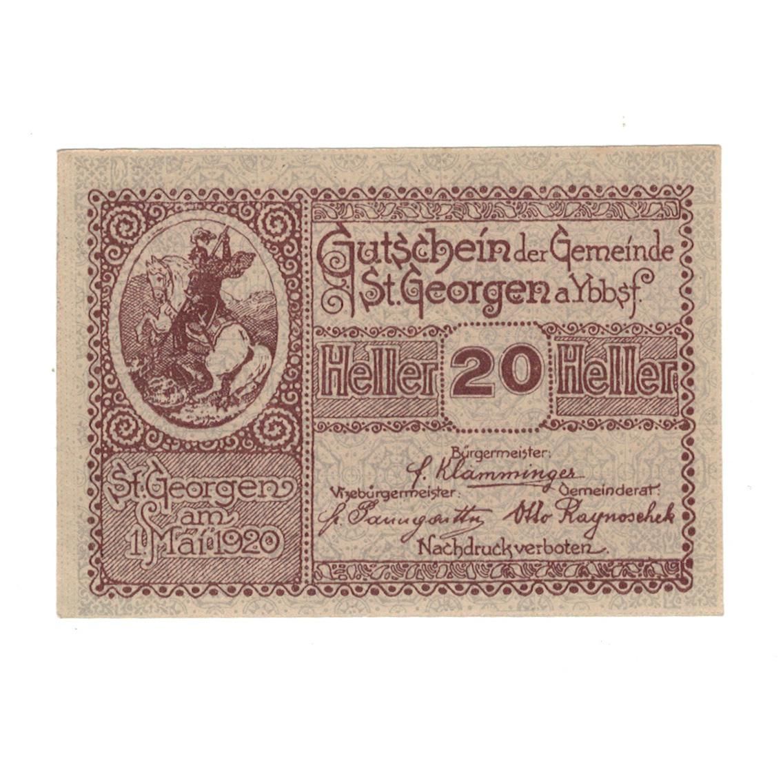 Geldschein, Österreich, St. Georgen am Ybbsfeld N.Ö. Gemeinde, 20 Heller