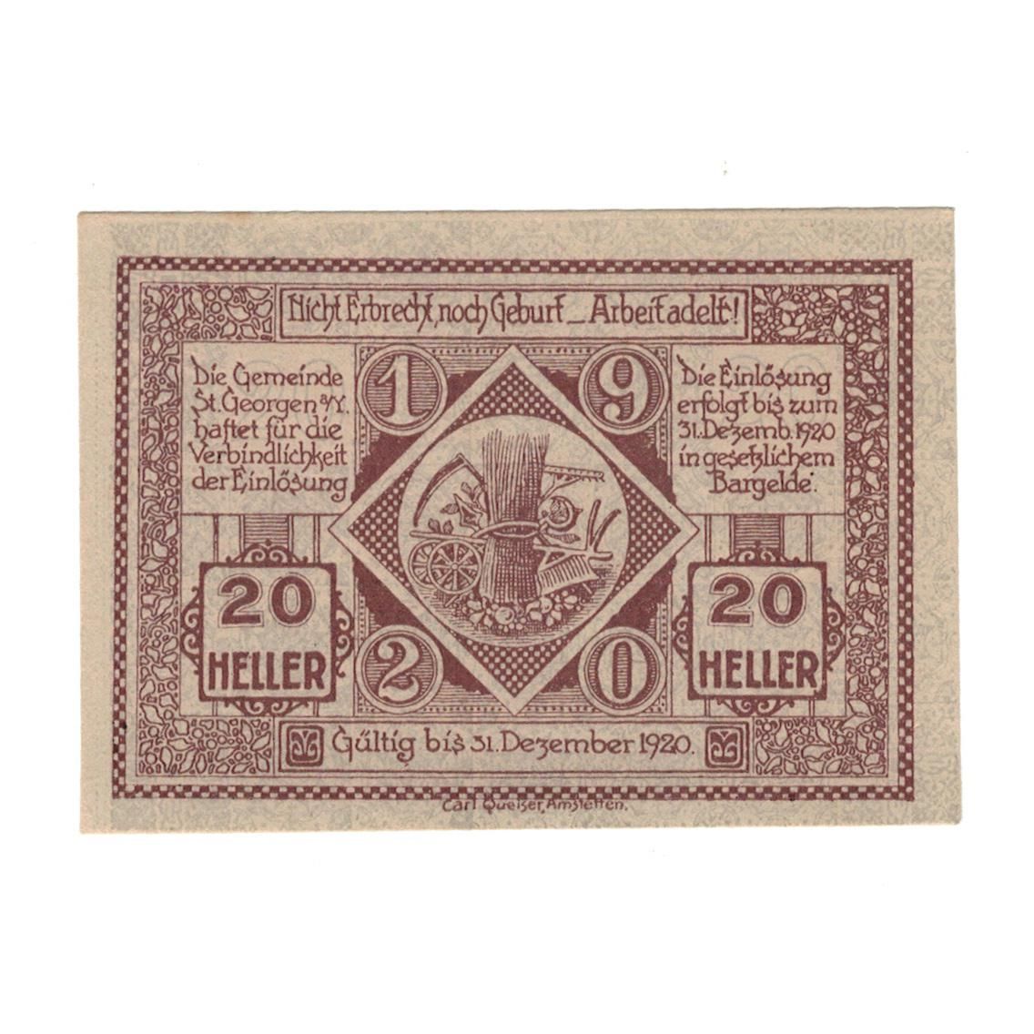 Geldschein, Österreich, St. Georgen am Ybbsfeld N.Ö. Gemeinde, 20 Heller