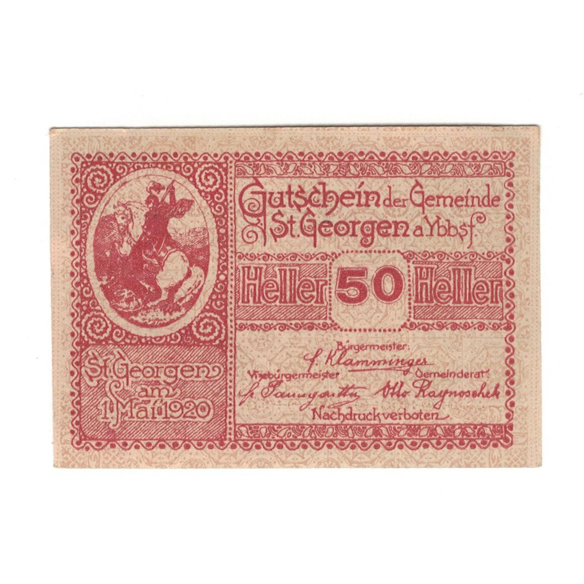 Geldschein, Österreich, St. Georgen am Ybbsfeld N.Ö. Gemeinde, 50 Heller
