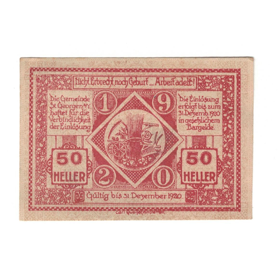 Geldschein, Österreich, St. Georgen am Ybbsfeld N.Ö. Gemeinde, 50 Heller