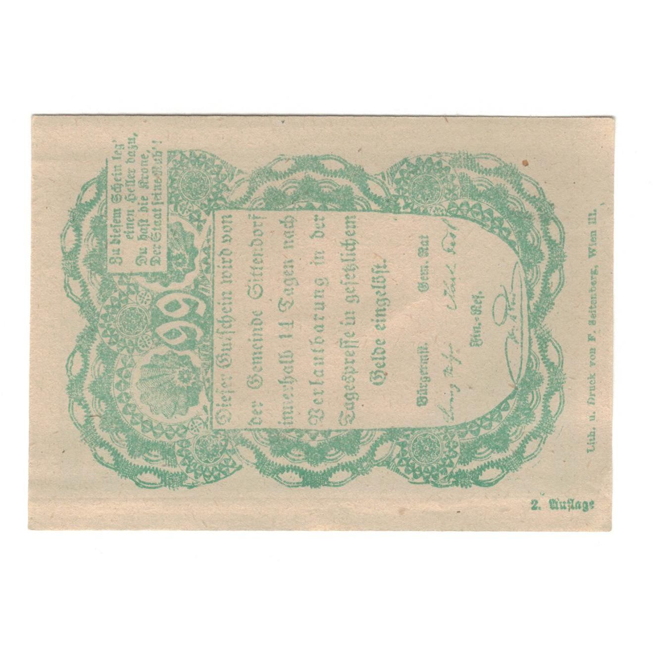 Billete, Austria, Sittendorf N.Ö. Gemeinde, 99 Heller, Texte, EBC, Mehl:FS 1001