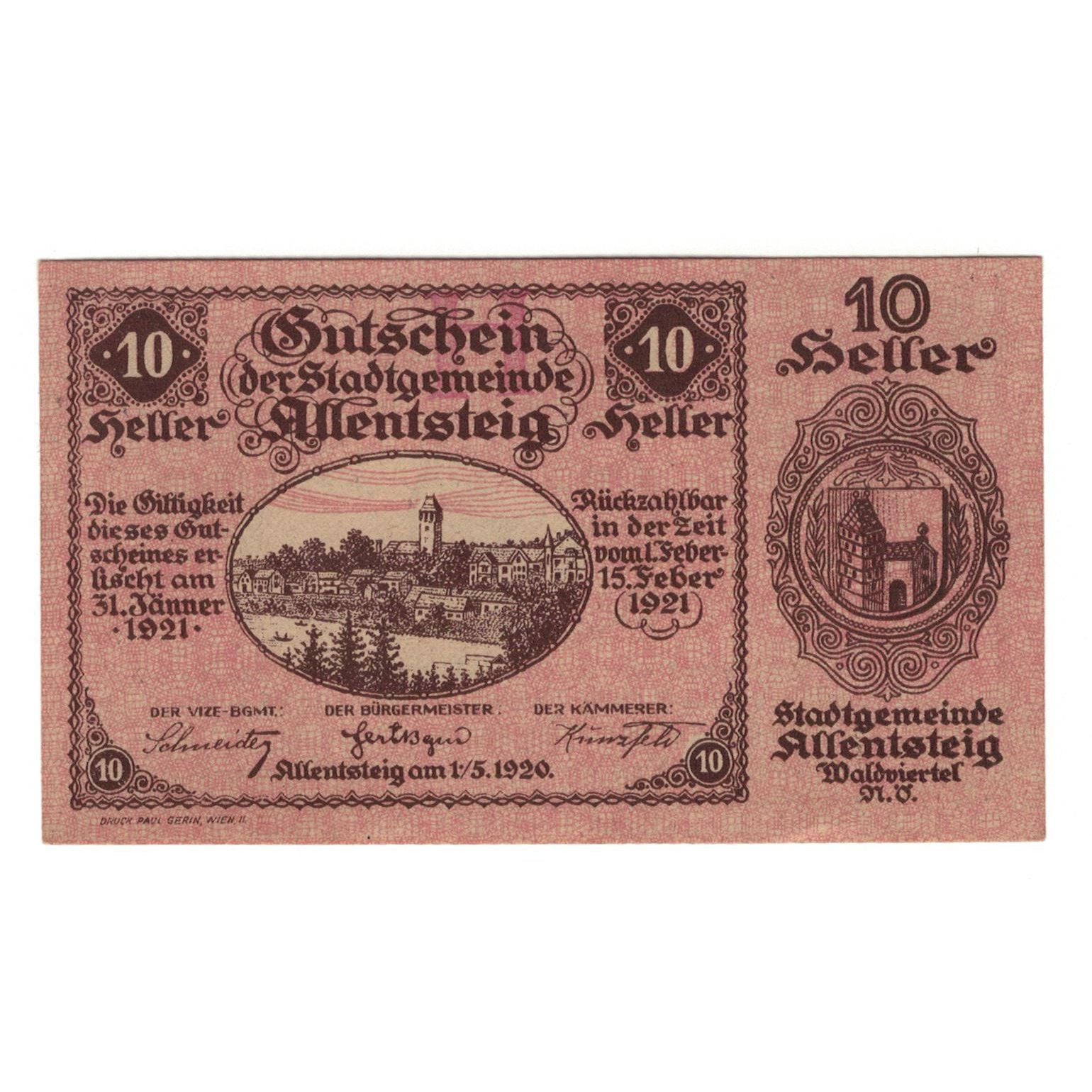Geldschein, Österreich, Allentsteig N.Ö. Stadtgemeinde, 10 Heller, Texte 6