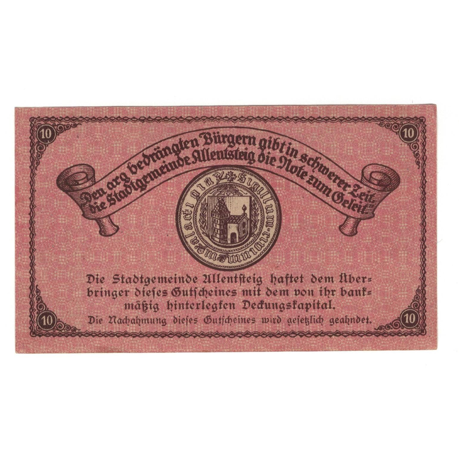 Geldschein, Österreich, Allentsteig N.Ö. Stadtgemeinde, 10 Heller, Texte 6
