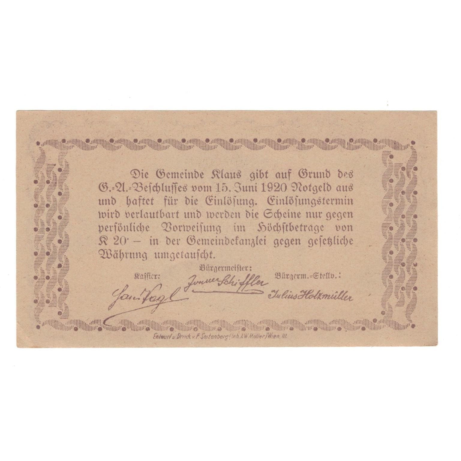 Geldschein, Österreich, Klaus O.Ö. Gemeinde, 30 Heller, Texte, 1920