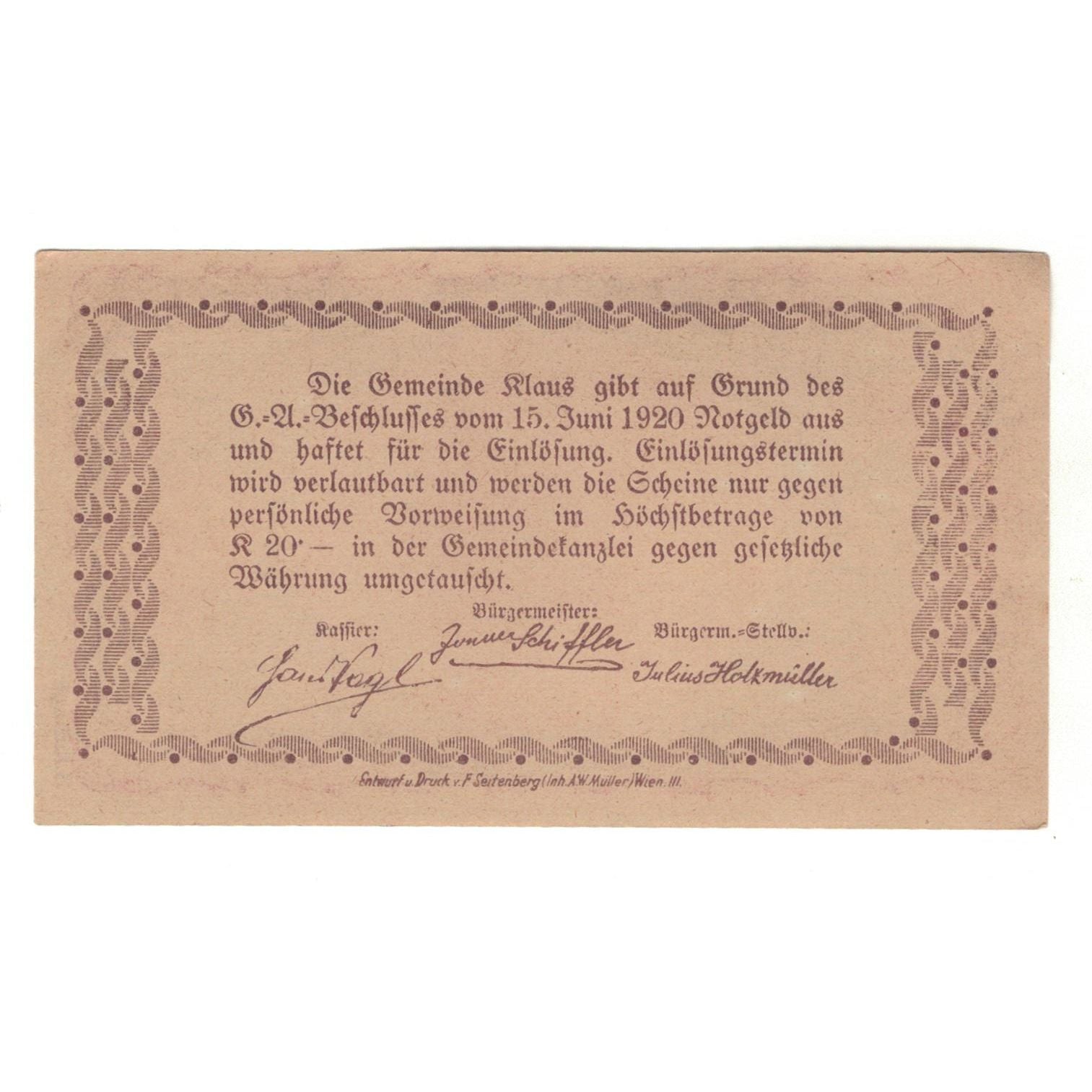 Billet, Autriche, Klaus O.Ö. Gemeinde, 60 Heller, Texte, 1920, 1920-06-15, SUP
