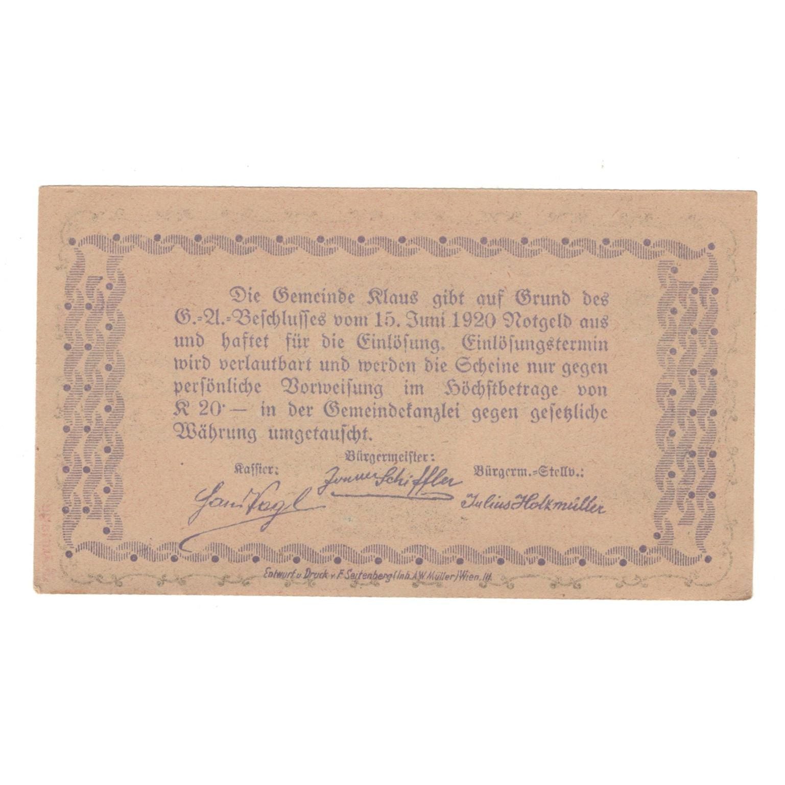 Geldschein, Österreich, Klaus O.Ö. Gemeinde, 90 Heller, Texte, 1920