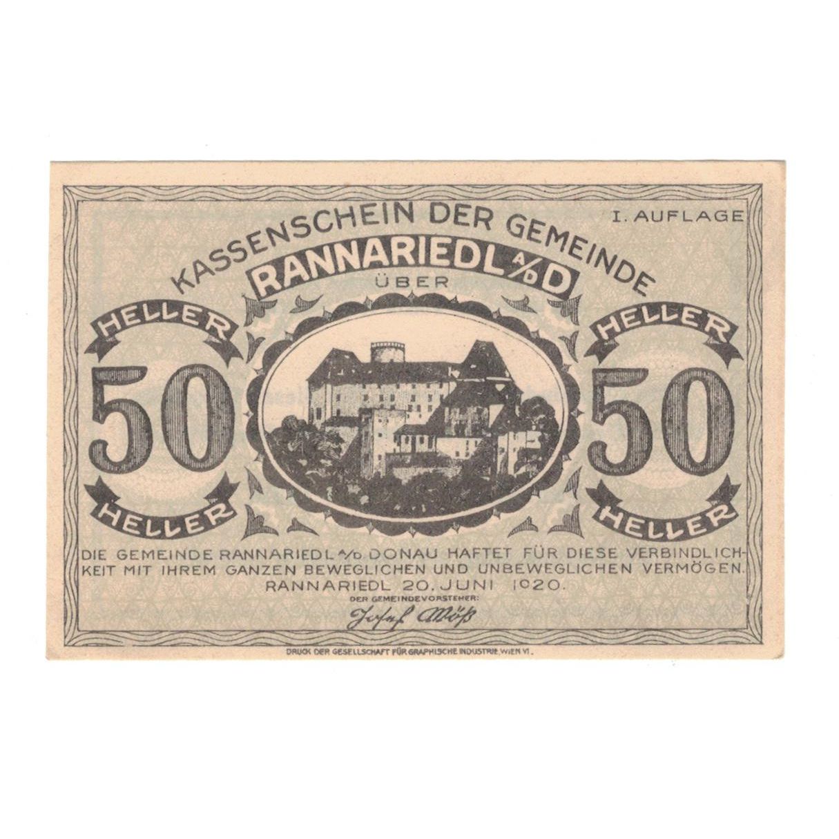 Geldschein, Österreich, Rannariedl a.d. Donau O.Ö. Gemeinde, 50 Heller, Texte