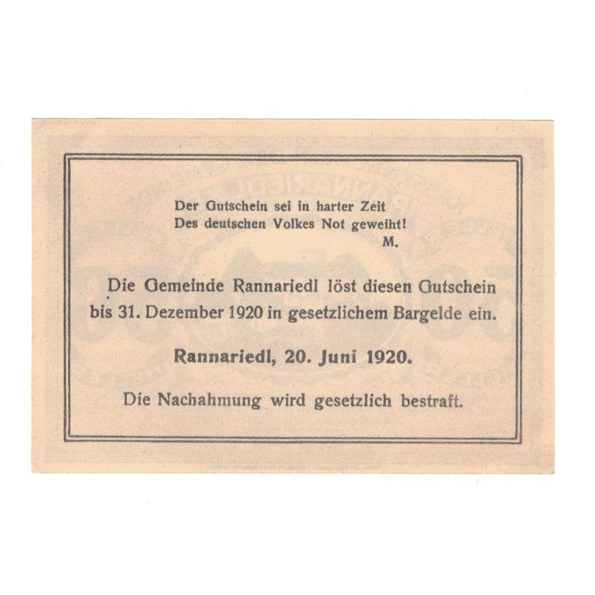 Geldschein, Österreich, Rannariedl a.d. Donau O.Ö. Gemeinde, 50 Heller, Texte