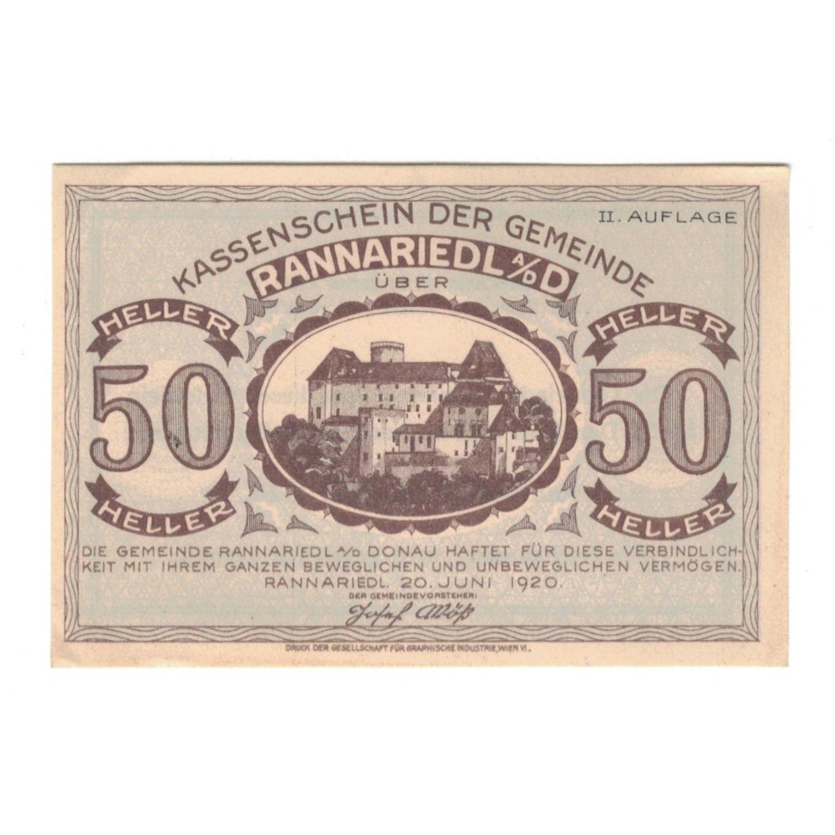 Geldschein, Österreich, Rannariedl a.d. Donau O.Ö. Gemeinde, 50 Heller, texte