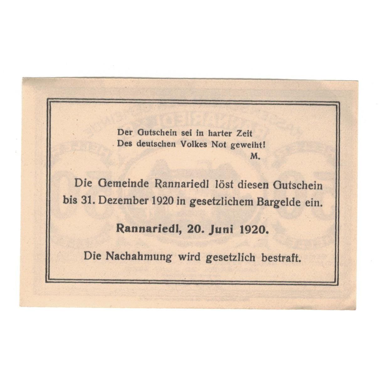 Geldschein, Österreich, Rannariedl a.d. Donau O.Ö. Gemeinde, 50 Heller, texte