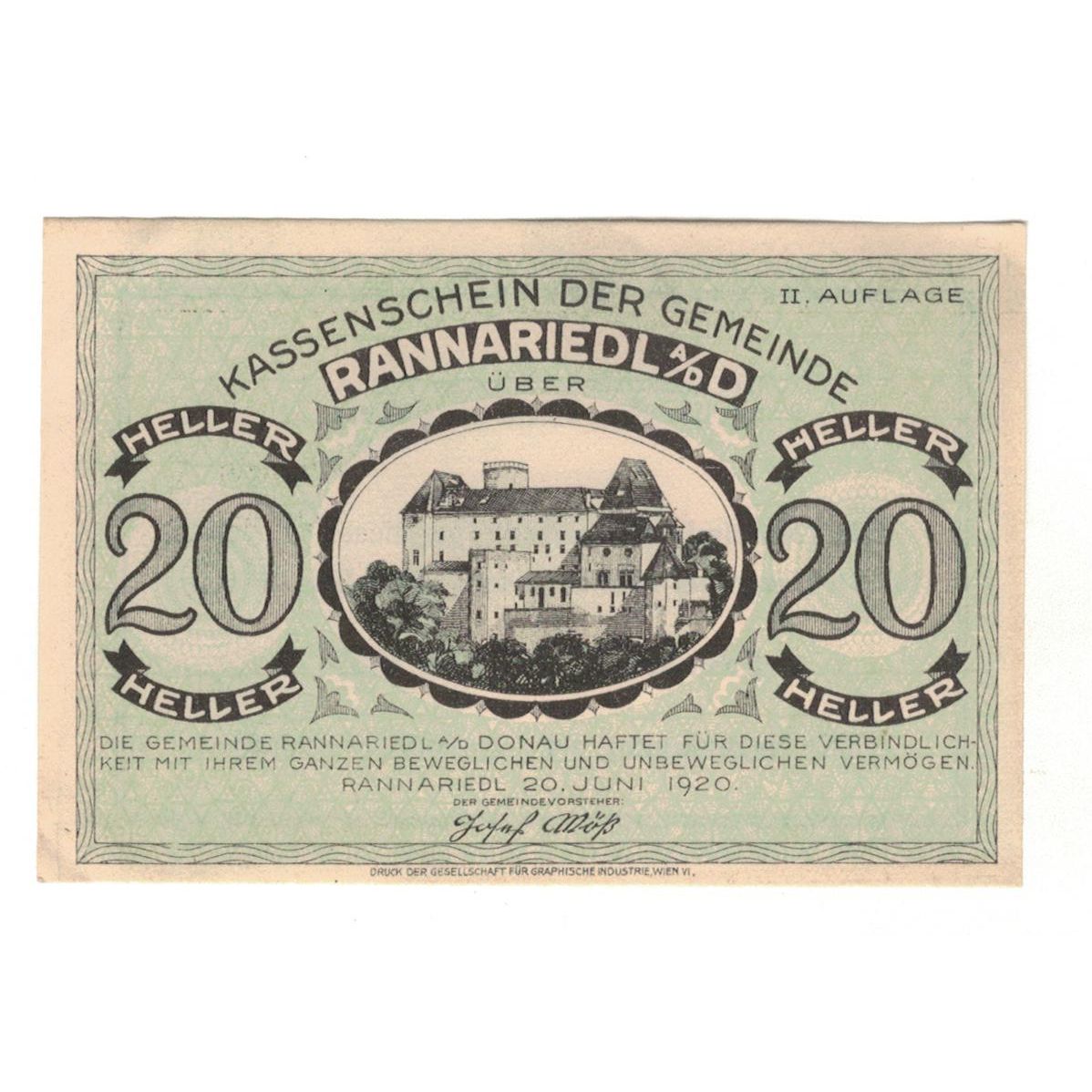 Geldschein, Österreich, Rannariedl a.d. Donau O.Ö. Gemeinde, 20 Heller, Texte