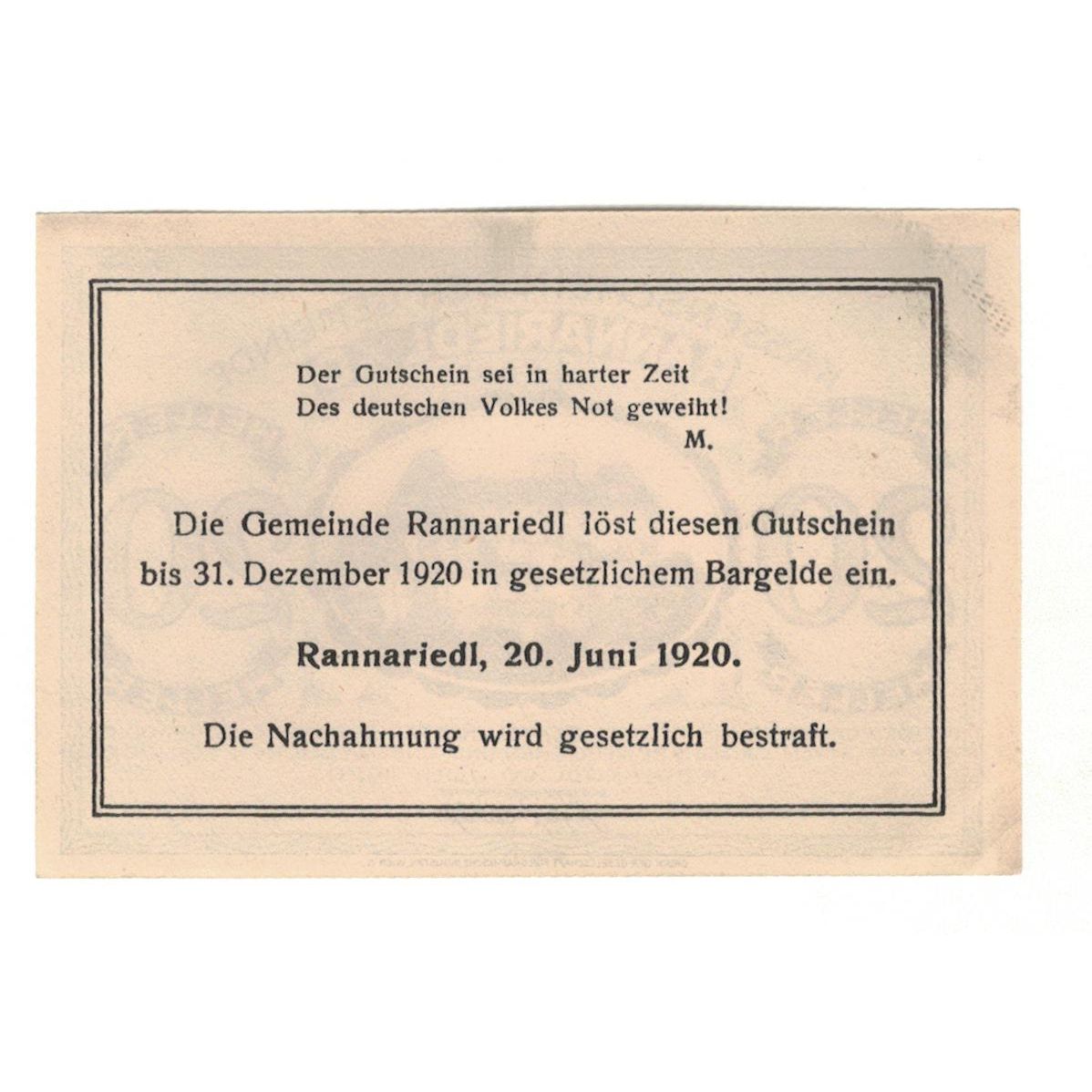 Geldschein, Österreich, Rannariedl a.d. Donau O.Ö. Gemeinde, 20 Heller, Texte