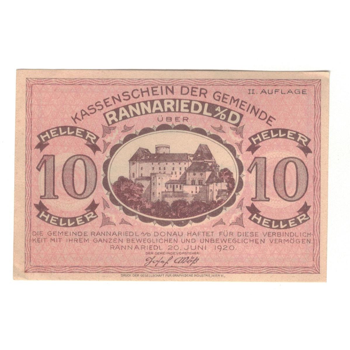 Geldschein, Österreich, Rannariedl a.d. Donau O.Ö. Gemeinde, 10 Heller, Texte