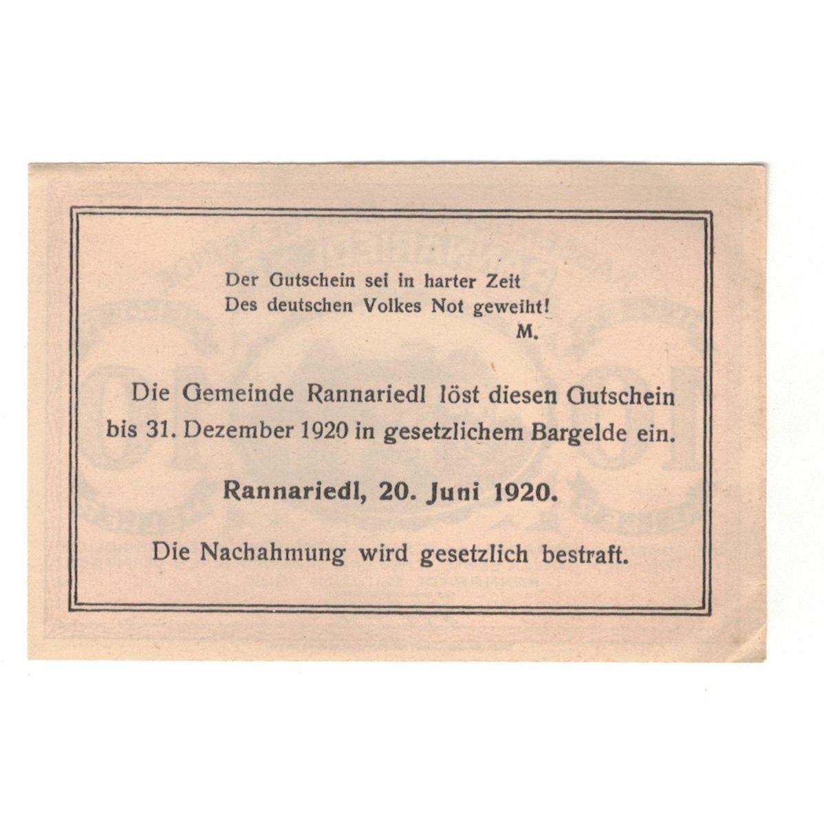 Geldschein, Österreich, Rannariedl a.d. Donau O.Ö. Gemeinde, 10 Heller, Texte