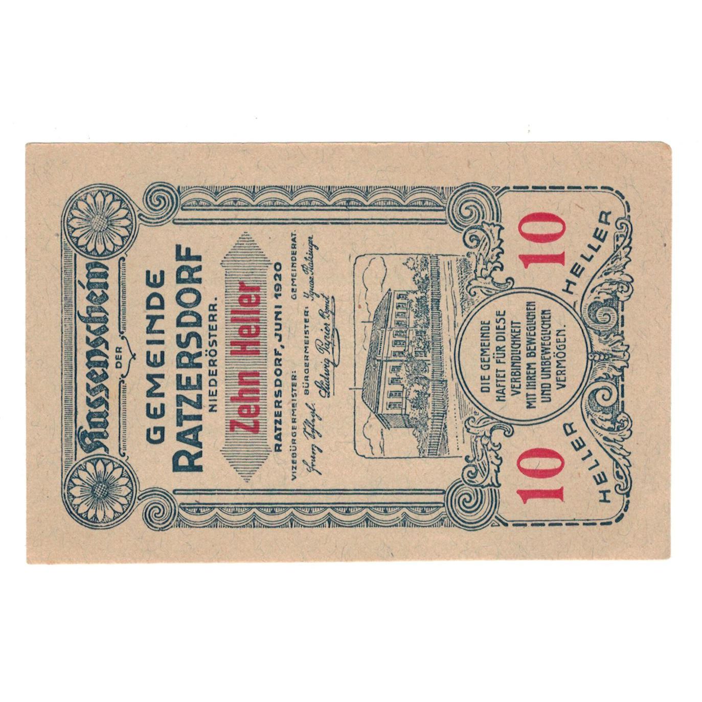 Billet, Autriche, Ratzersdorf N.Ö. Gemeinde, 10 Heller, Texte, 1920, SUP