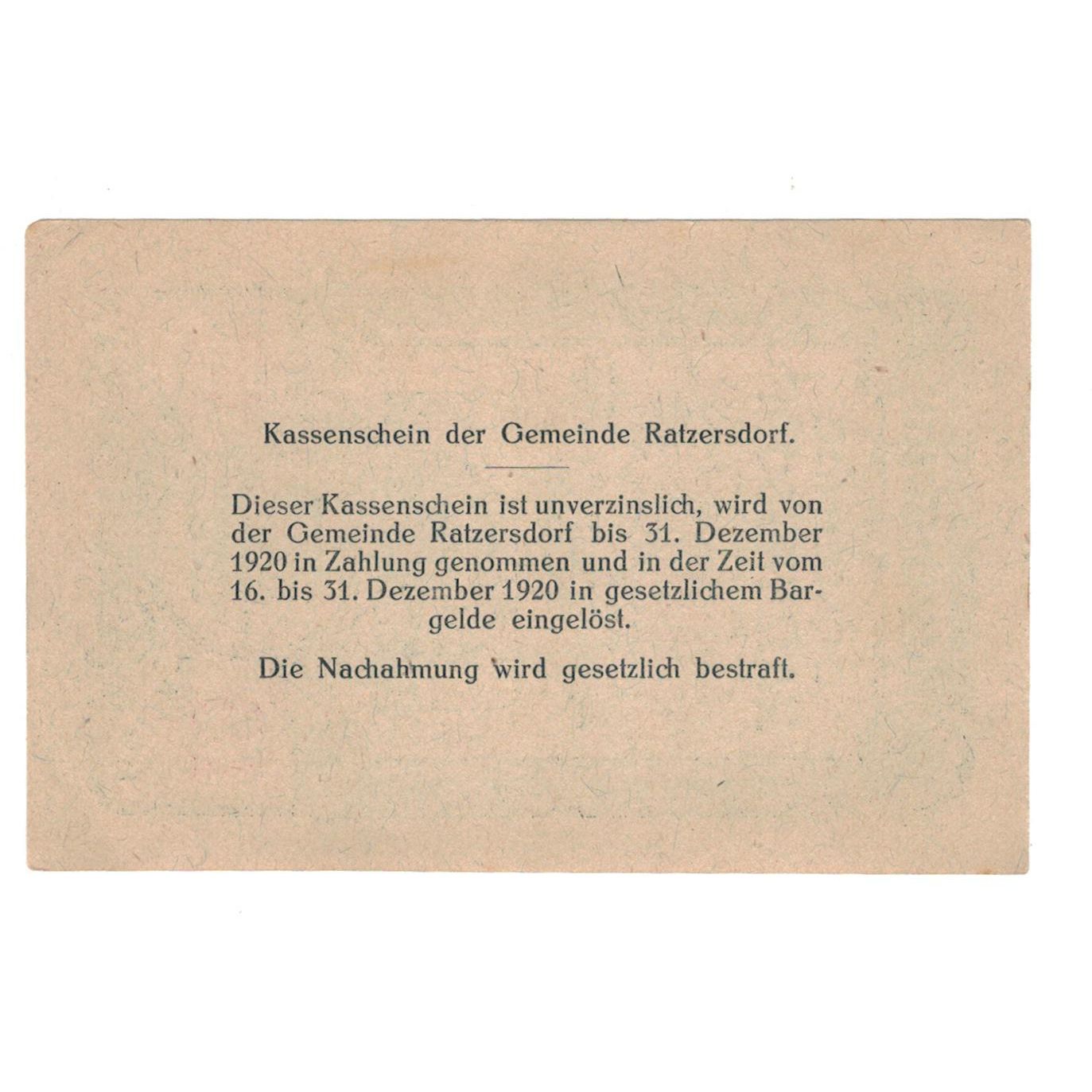 Billet, Autriche, Ratzersdorf N.Ö. Gemeinde, 10 Heller, Texte, 1920, SUP