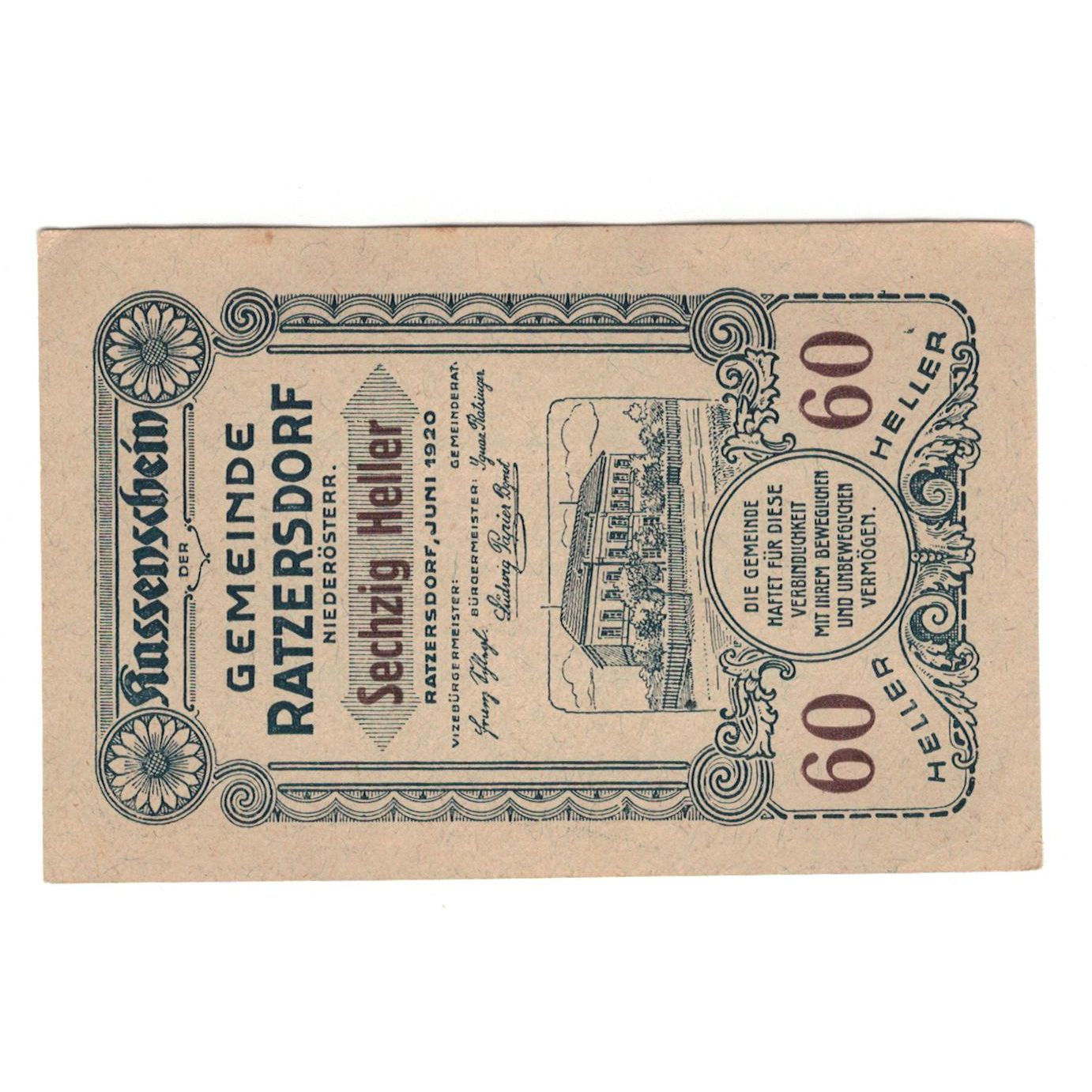Billet, Autriche, Ratzersdorf N.Ö. Gemeinde, 60 Heller, Texte, 1920, SUP