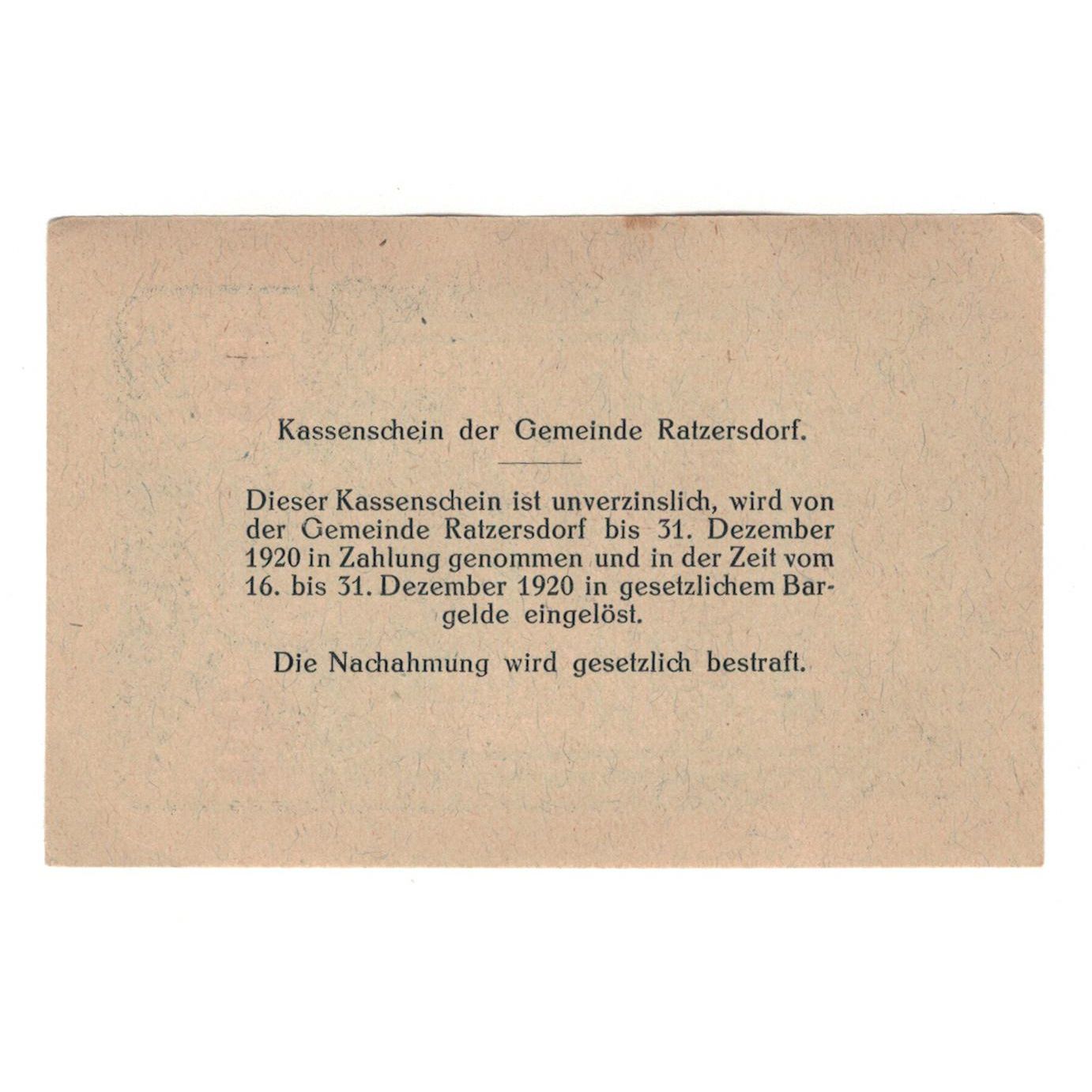 Billet, Autriche, Ratzersdorf N.Ö. Gemeinde, 60 Heller, Texte, 1920, SUP