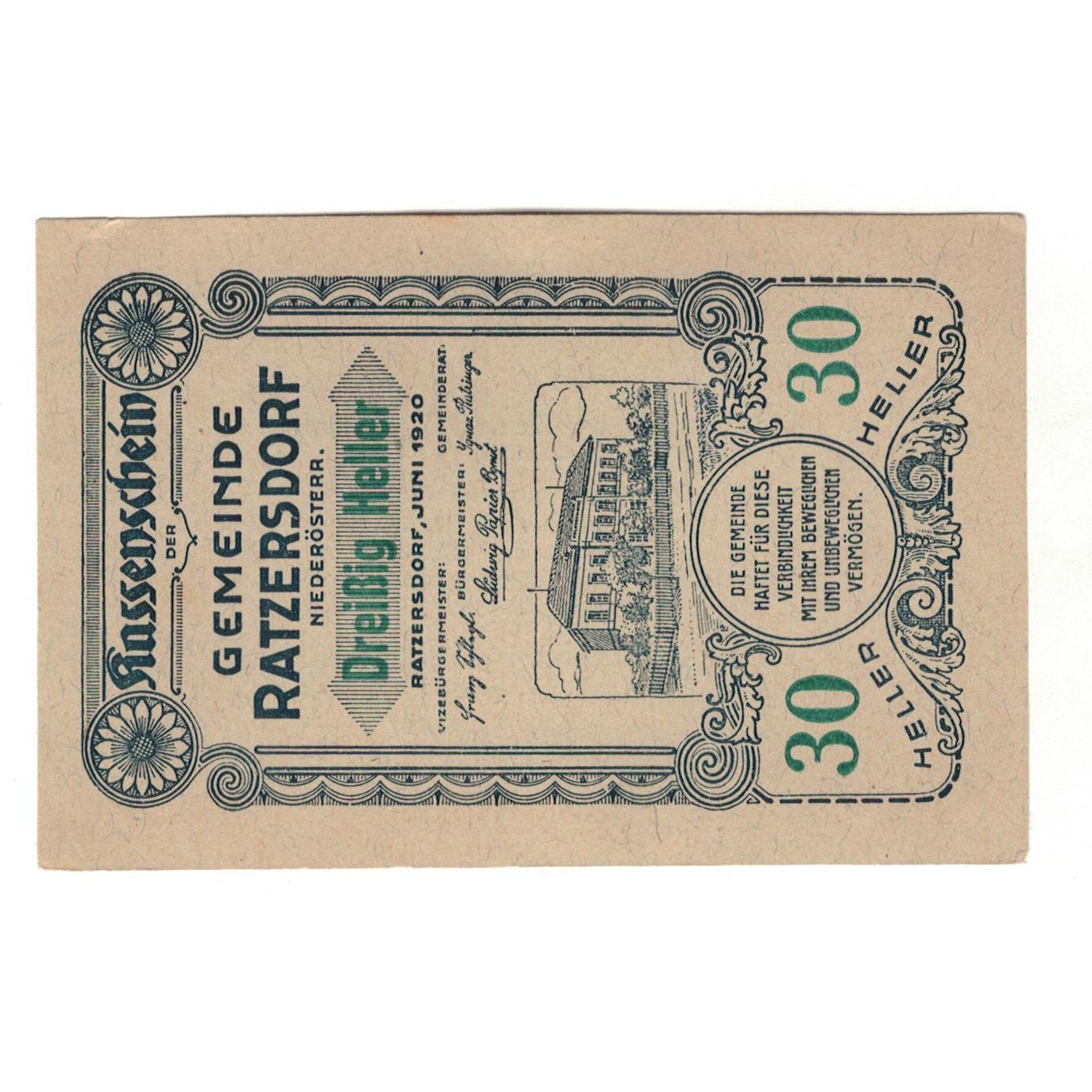 Billet, Autriche, Ratzersdorf N.Ö. Gemeinde, 30 Heller, Texte, 1920, SUP