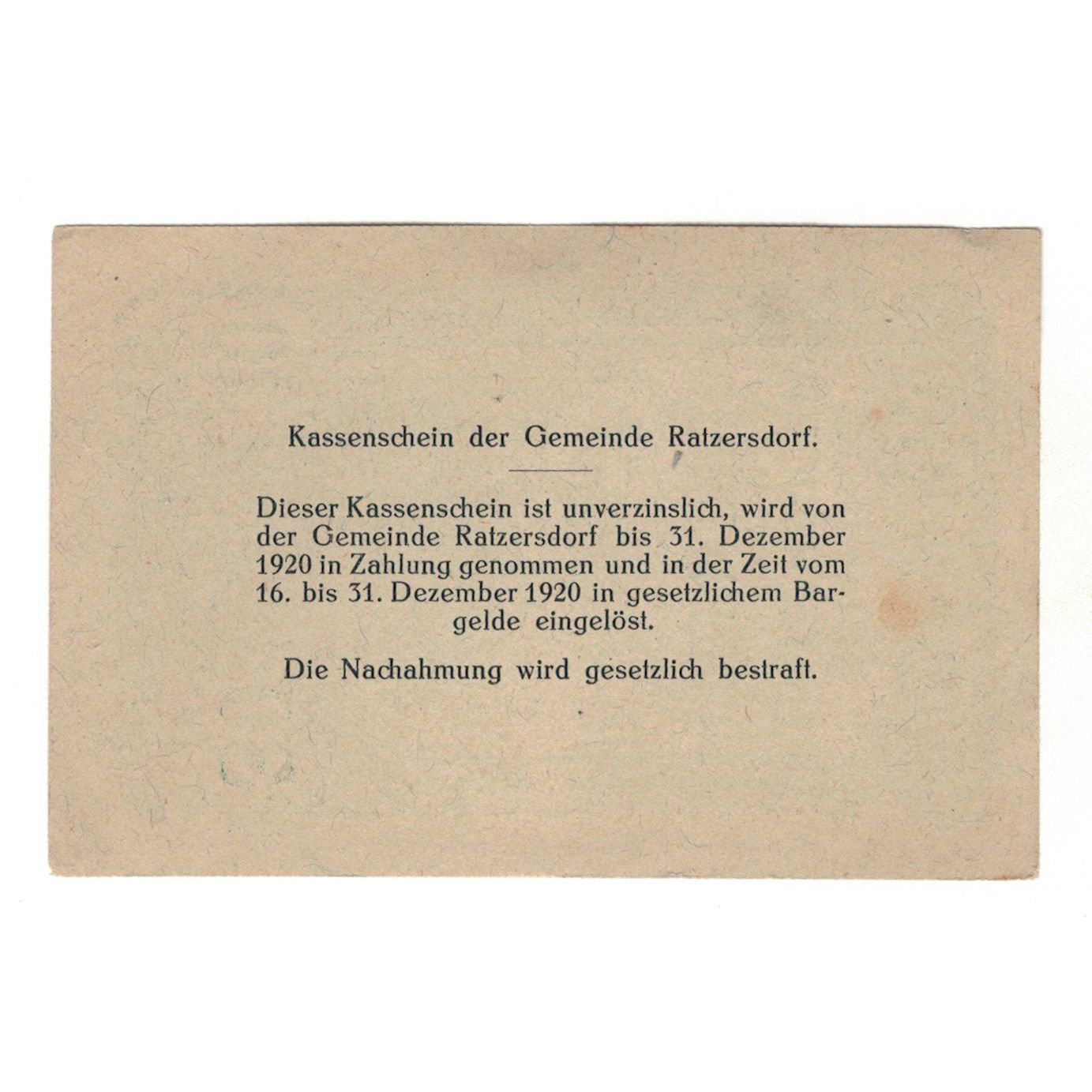 Billet, Autriche, Ratzersdorf N.Ö. Gemeinde, 30 Heller, Texte, 1920, SUP