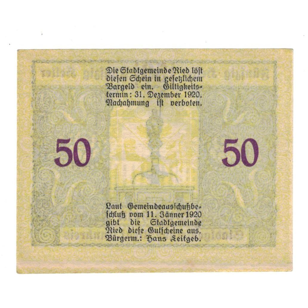 Geldschein, Österreich, Ried im Innkreis O.Ö. Stadtgemeinde, 50 Heller, Texte