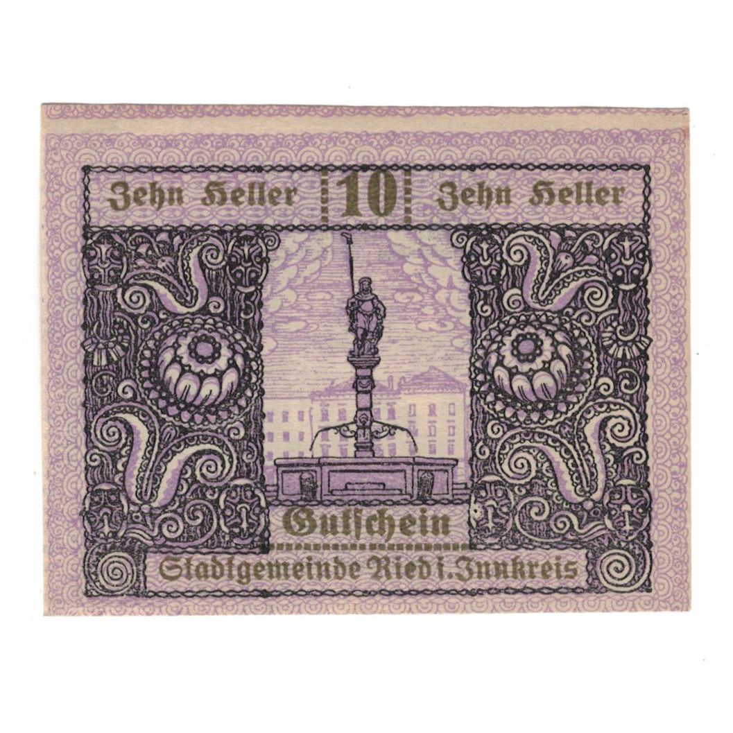 Geldschein, Österreich, Ried im Innkreis O.Ö. Stadtgemeinde, 10 Heller, Texte
