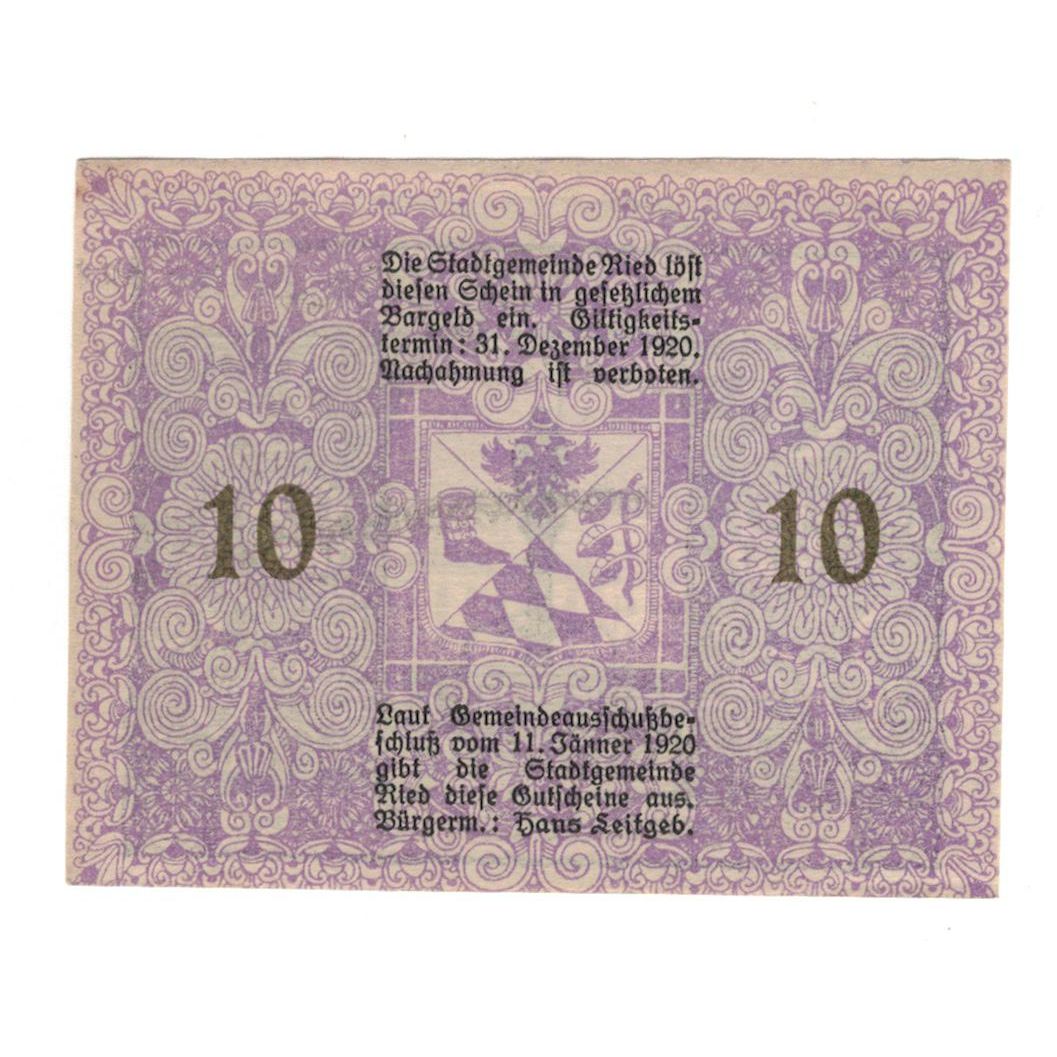 Geldschein, Österreich, Ried im Innkreis O.Ö. Stadtgemeinde, 10 Heller, Texte