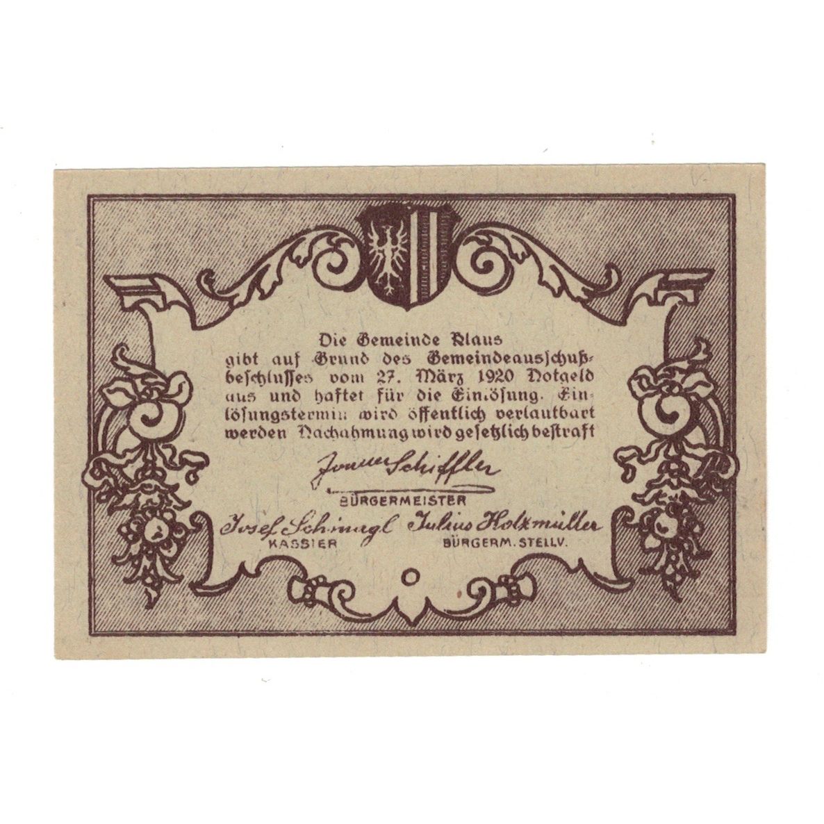 Geldschein, Österreich, Klaus O.Ö. Gemeinde, 10 Heller, Texte 2, 1920