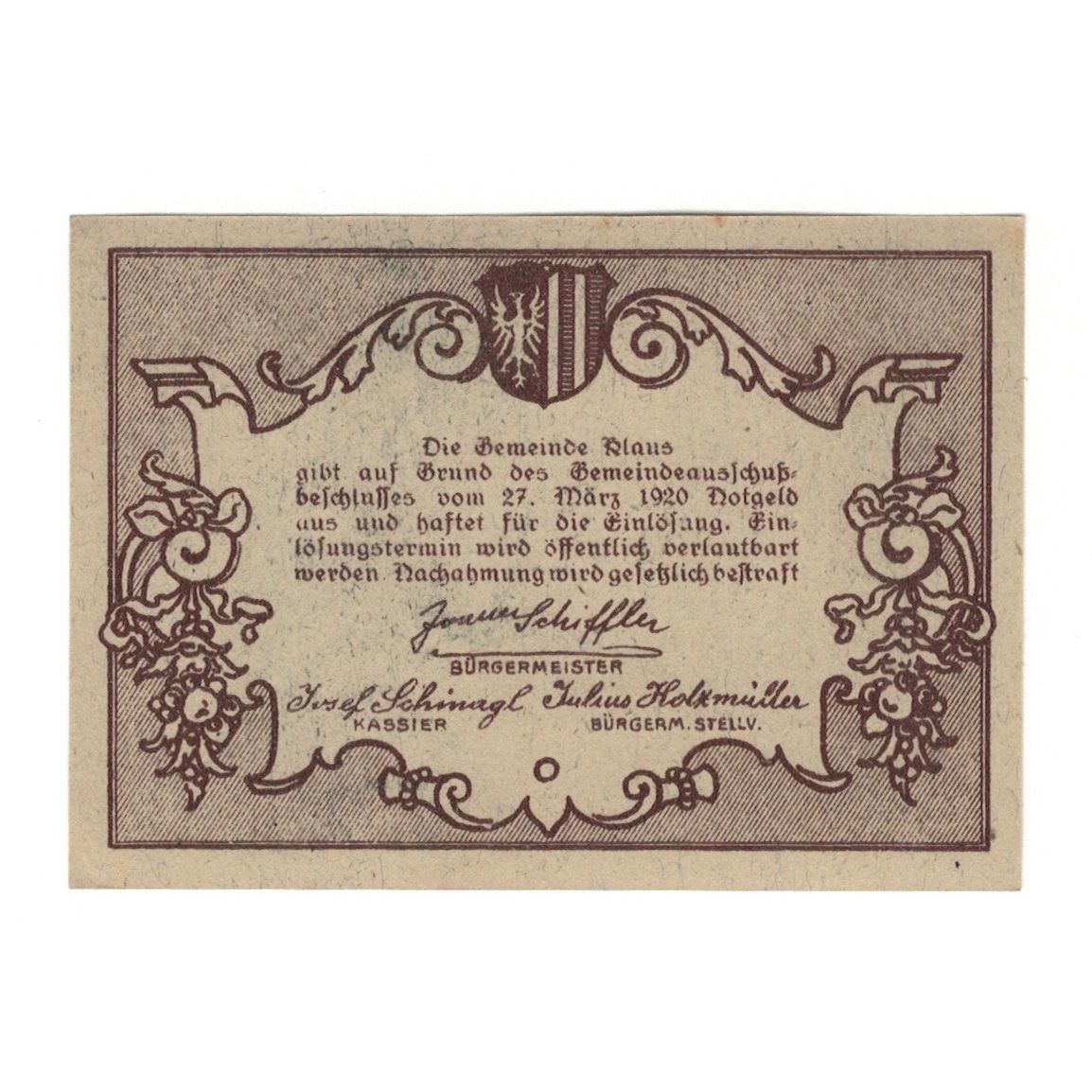 Geldschein, Österreich, Klaus O.Ö. Gemeinde, 10 Heller, Texte 3, 1920