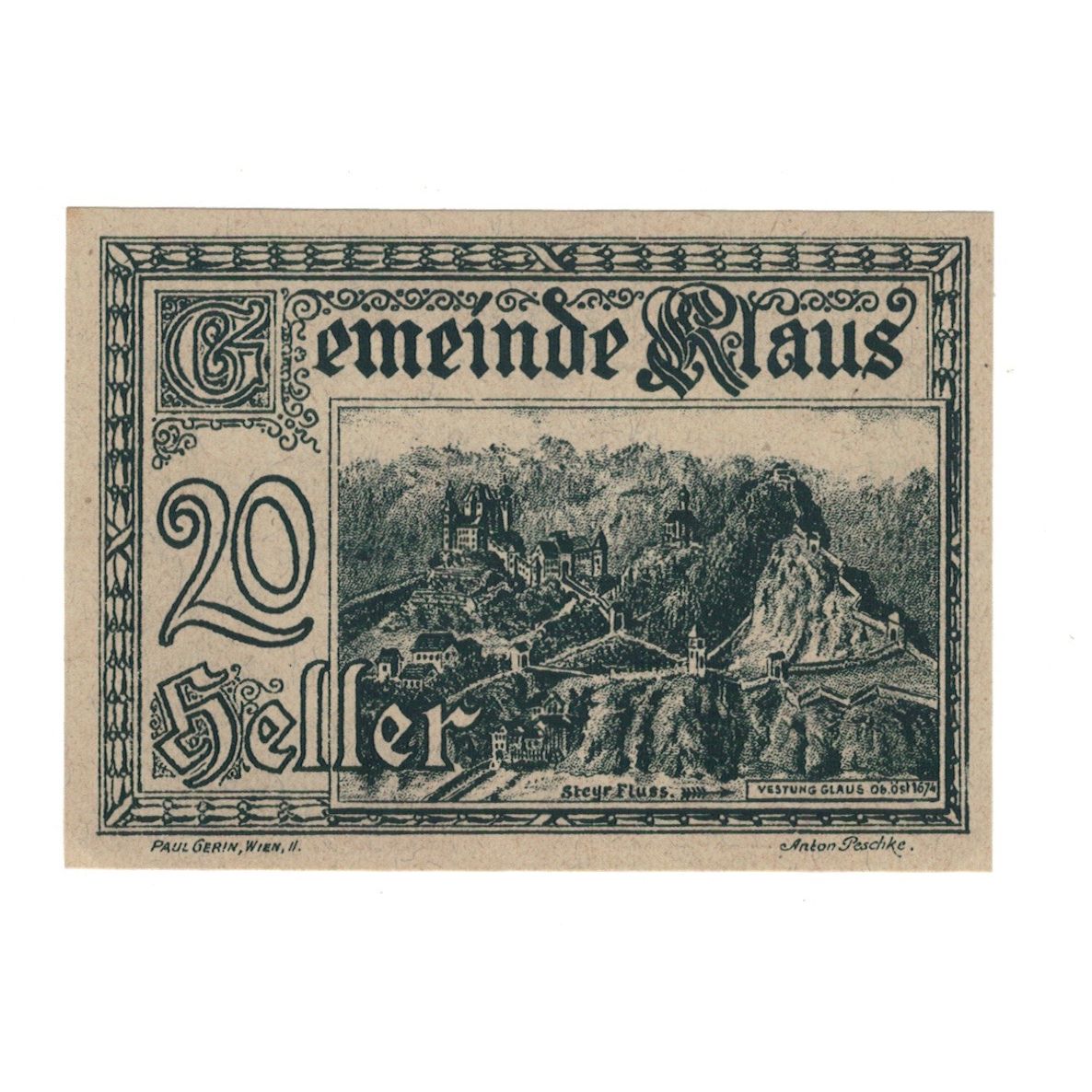 Geldschein, Österreich, Klaus O.Ö. Gemeinde, 20 Heller, texte 1, 1920