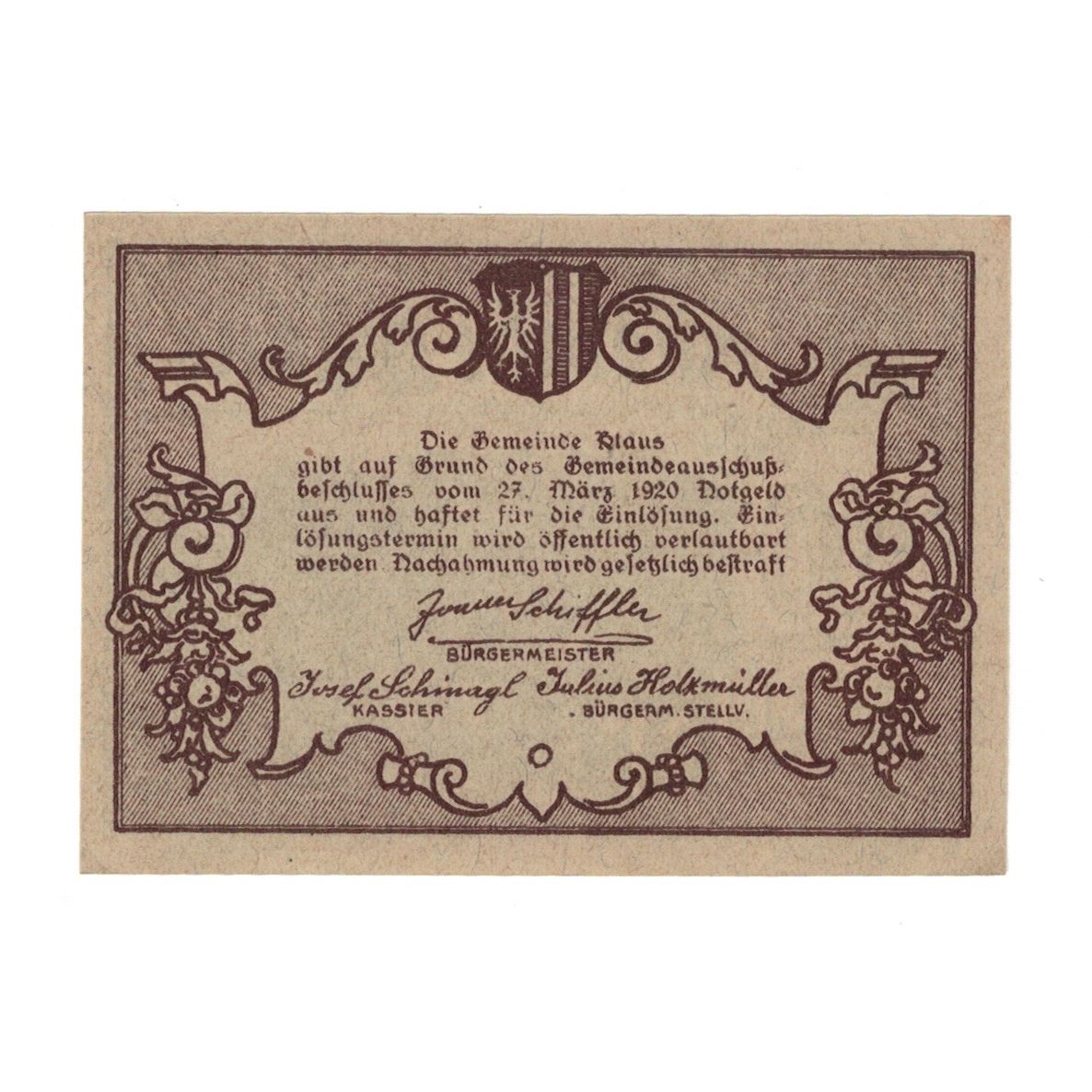 Geldschein, Österreich, Klaus O.Ö. Gemeinde, 20 Heller, texte 1, 1920