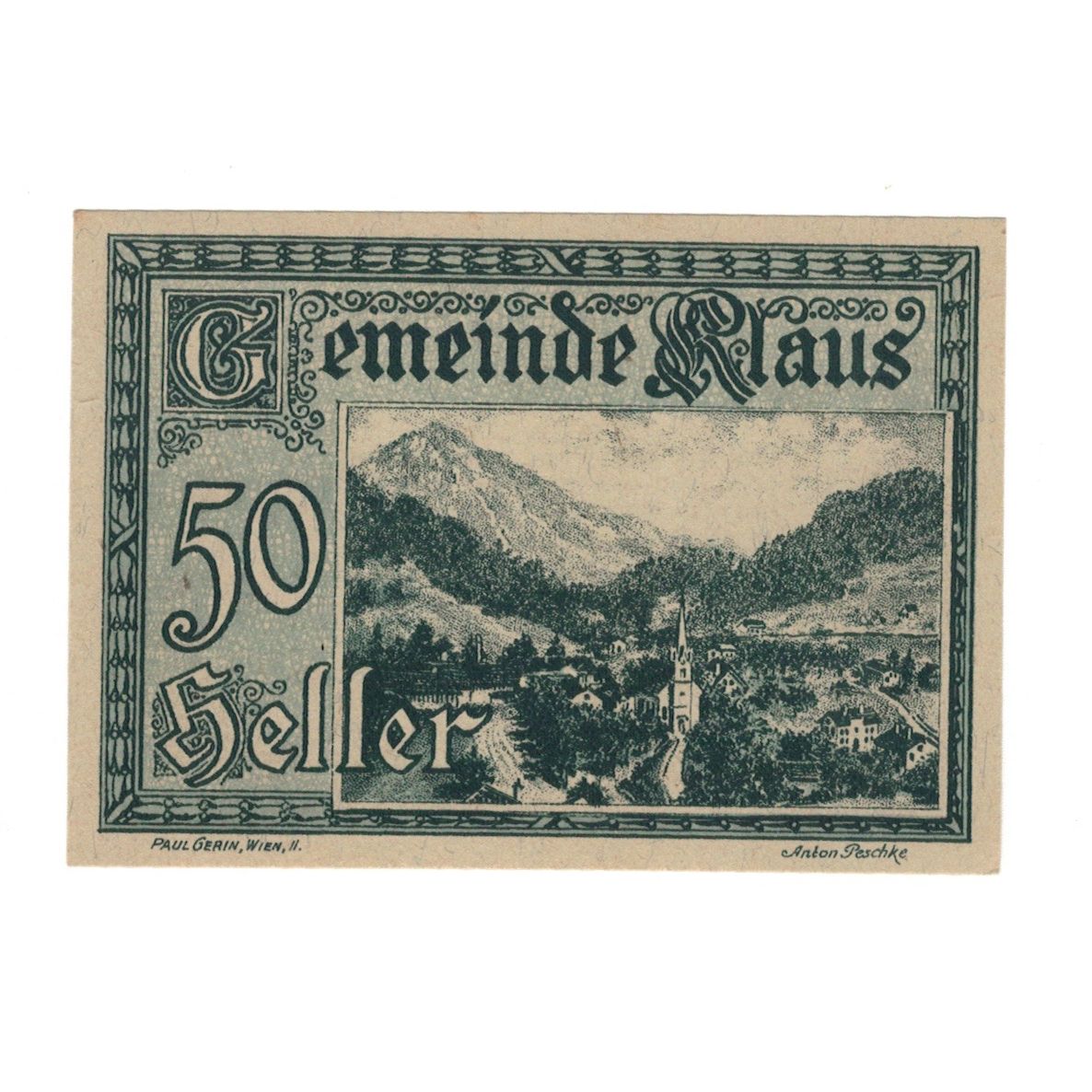 Geldschein, Österreich, Klaus O.Ö. Gemeinde, 50 Heller, Texte, 1920